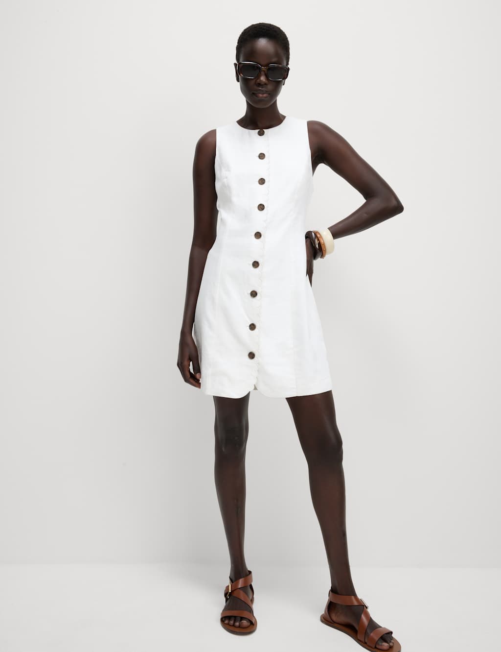Linen Blend Button Through Mini Shift Dress