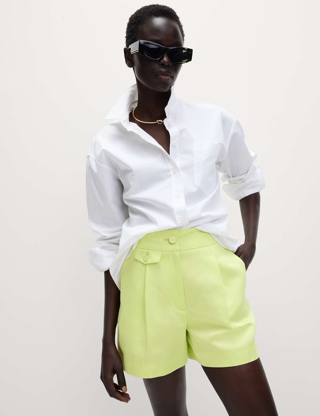 Linen Blend Twill High Waisted Shorts