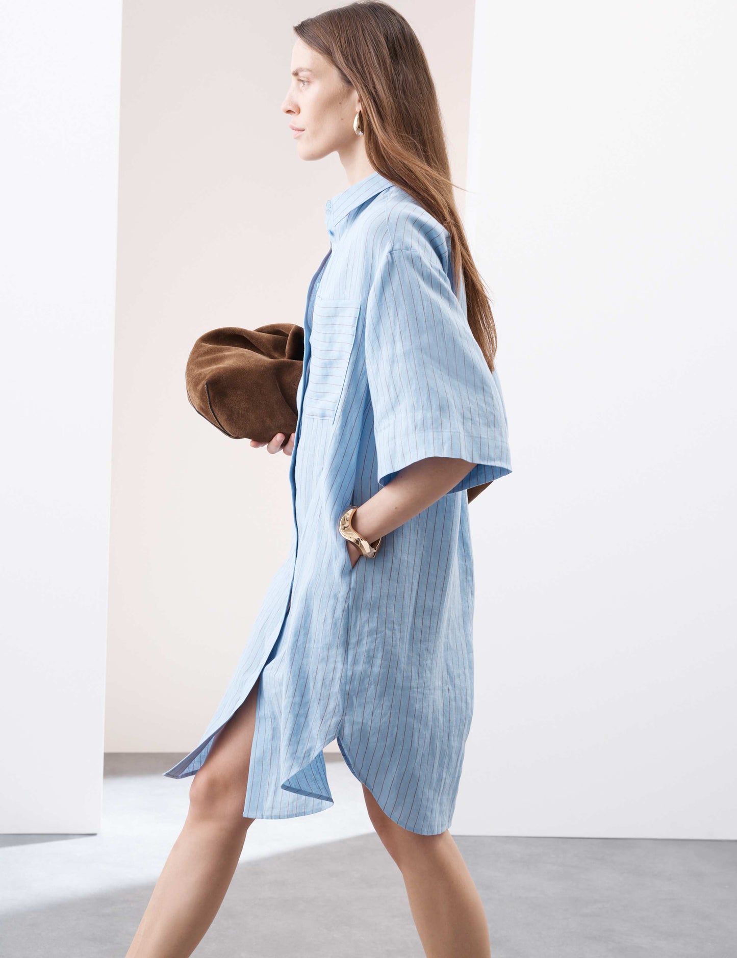 Linen Rich Striped Knee Length Shirt Dress