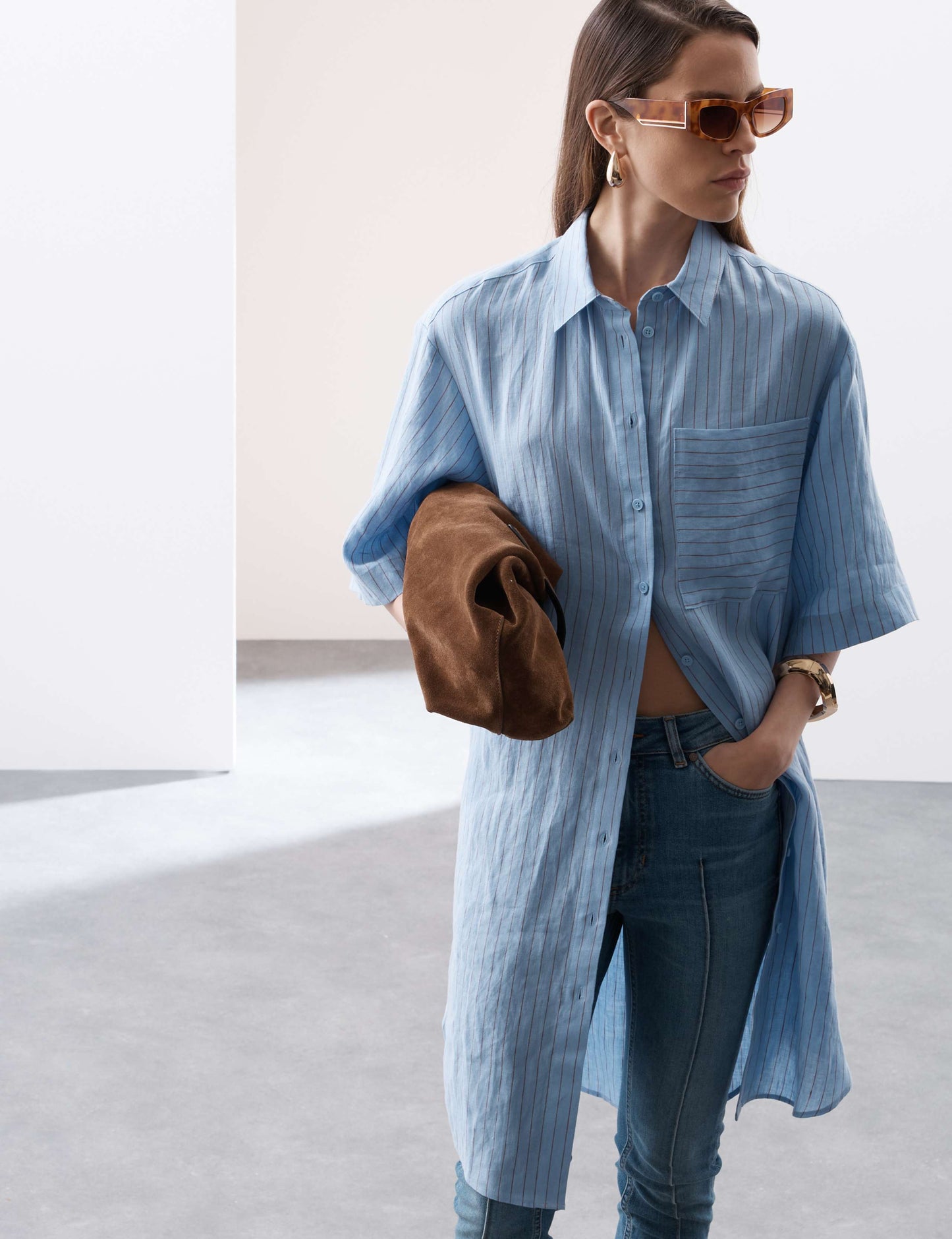 Linen Rich Striped Knee Length Shirt Dress