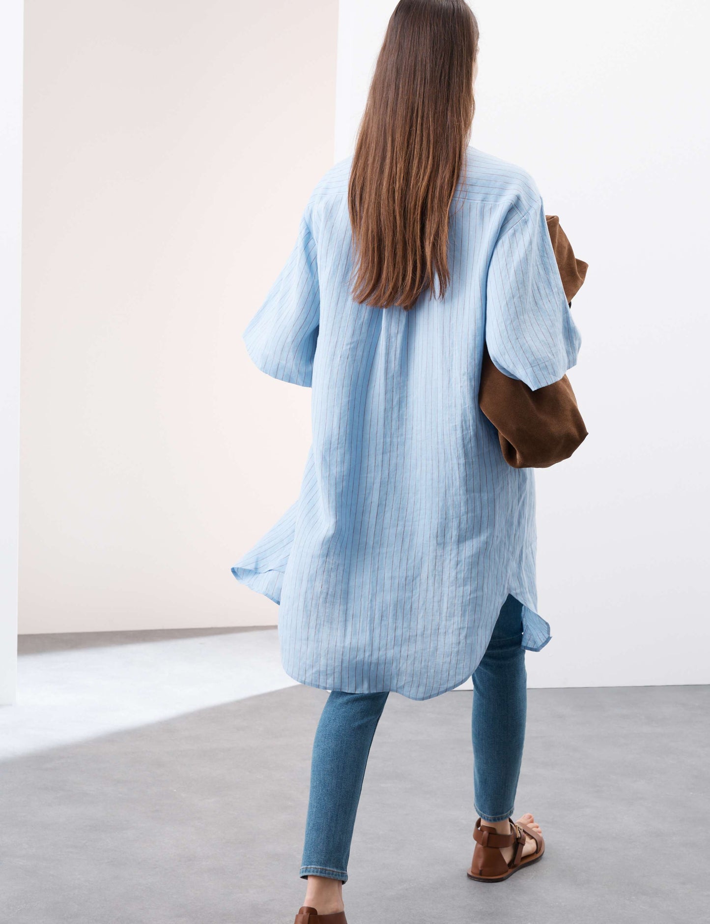 Linen Rich Striped Knee Length Shirt Dress