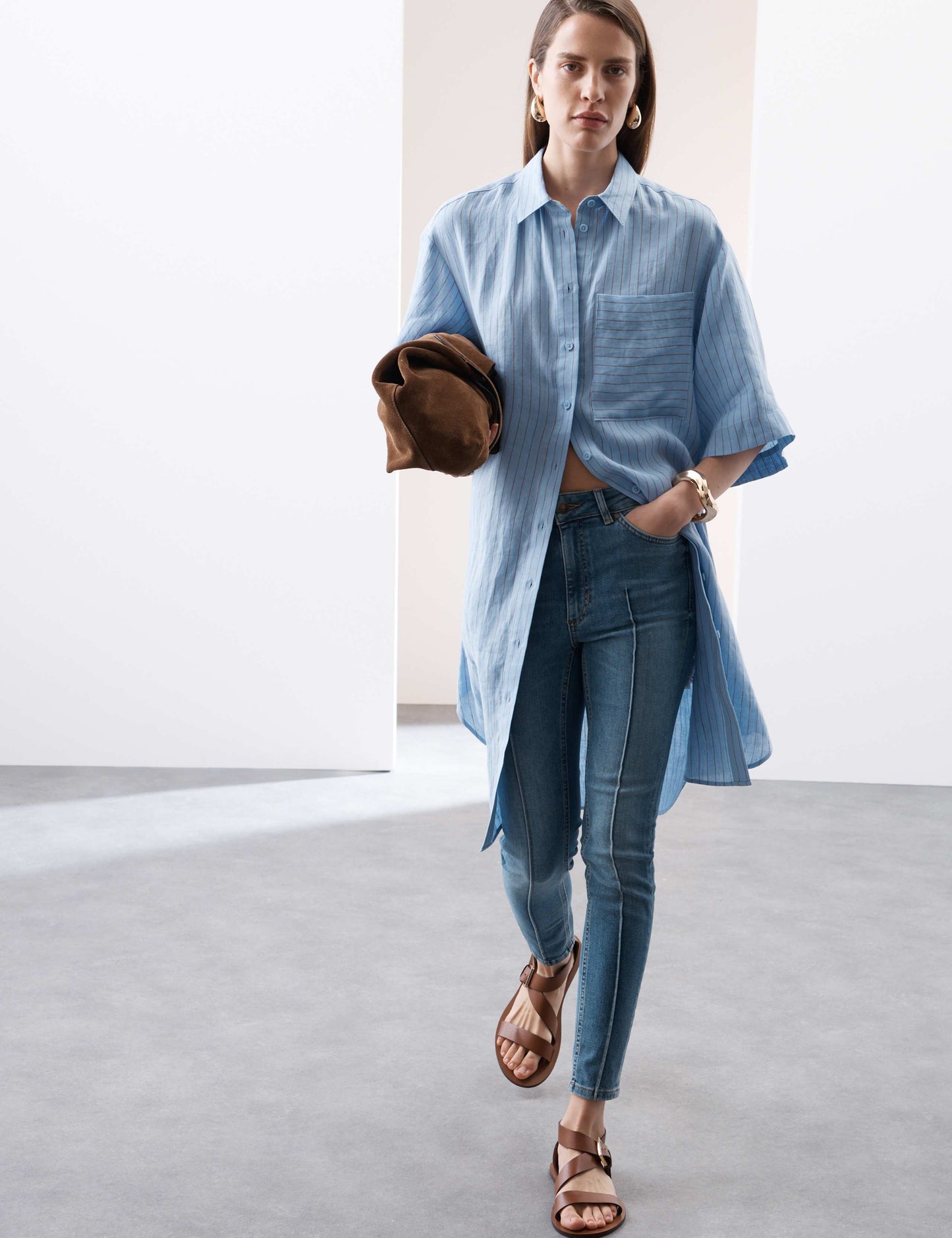 Linen Rich Striped Knee Length Shirt Dress