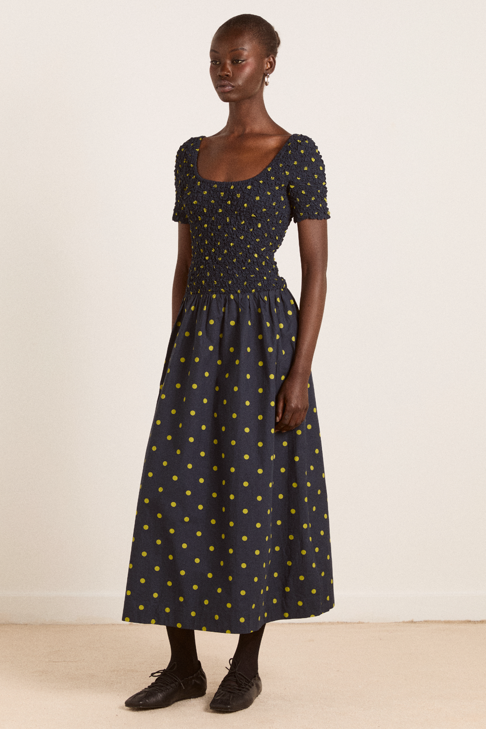 Malinda Super Smocked Spot Midi Dress