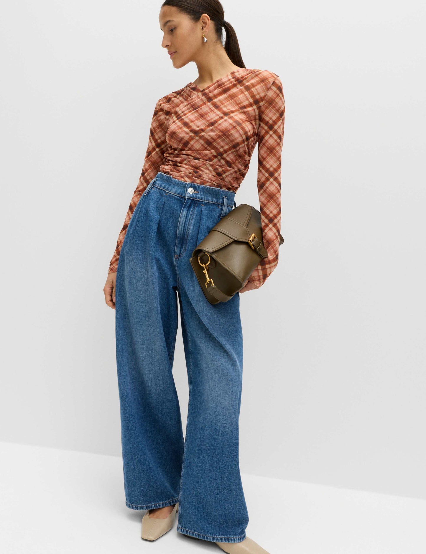 Mesh Jersey Checked V-Neck Wrap Top