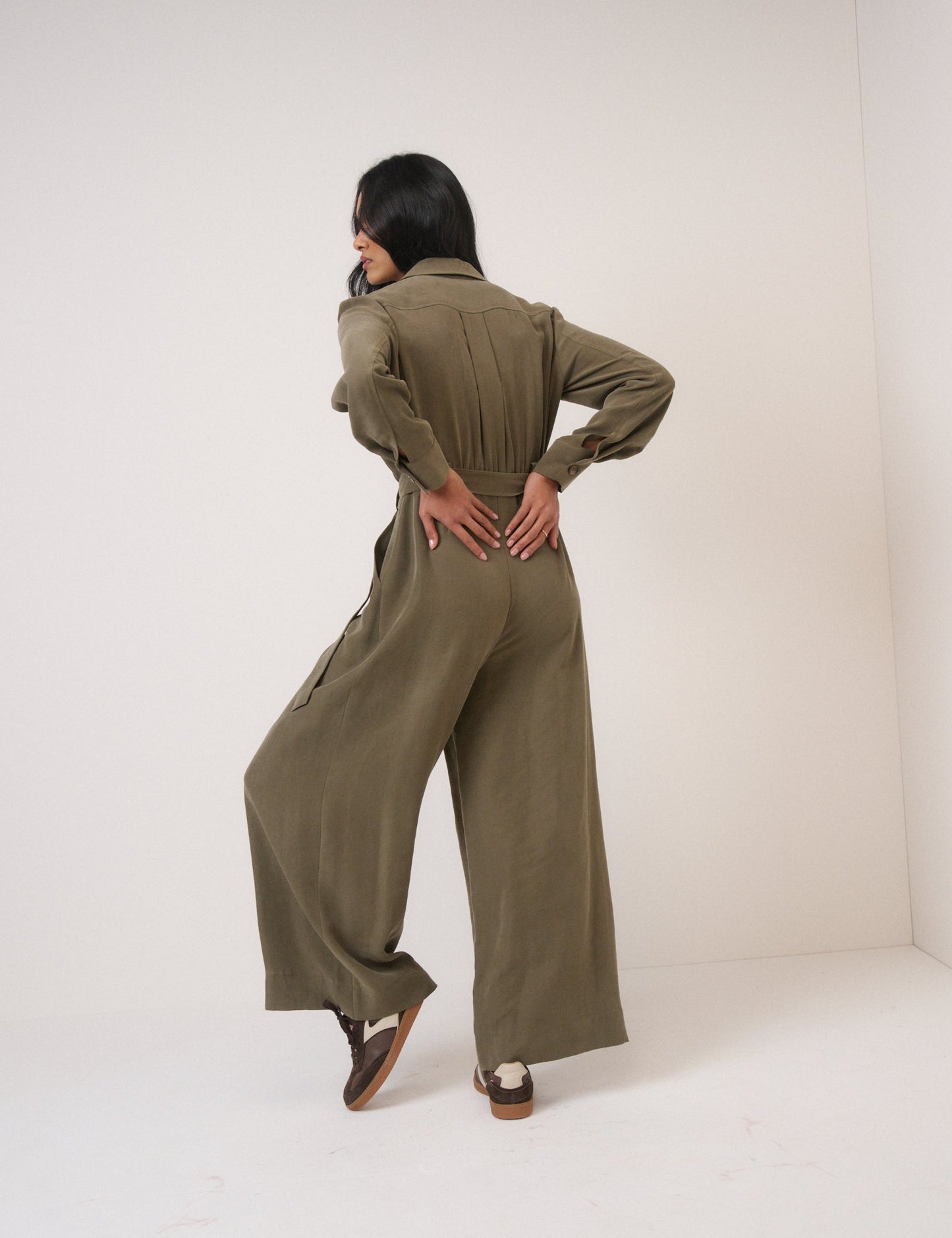 Khaki Twill Tie Waist Jumpsuit