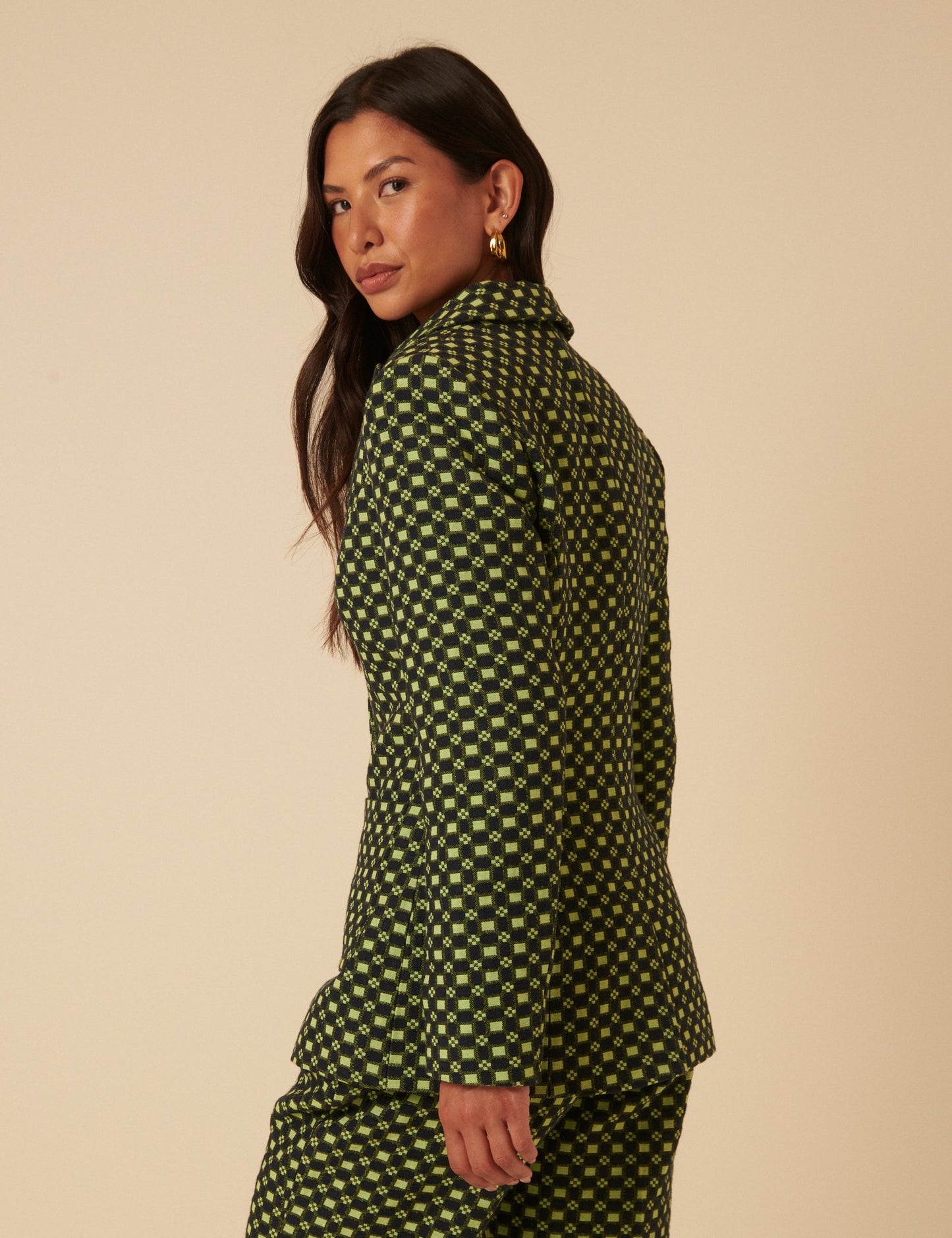 Black and Lime Green Jacquard Checkerboard Fitted Blazer