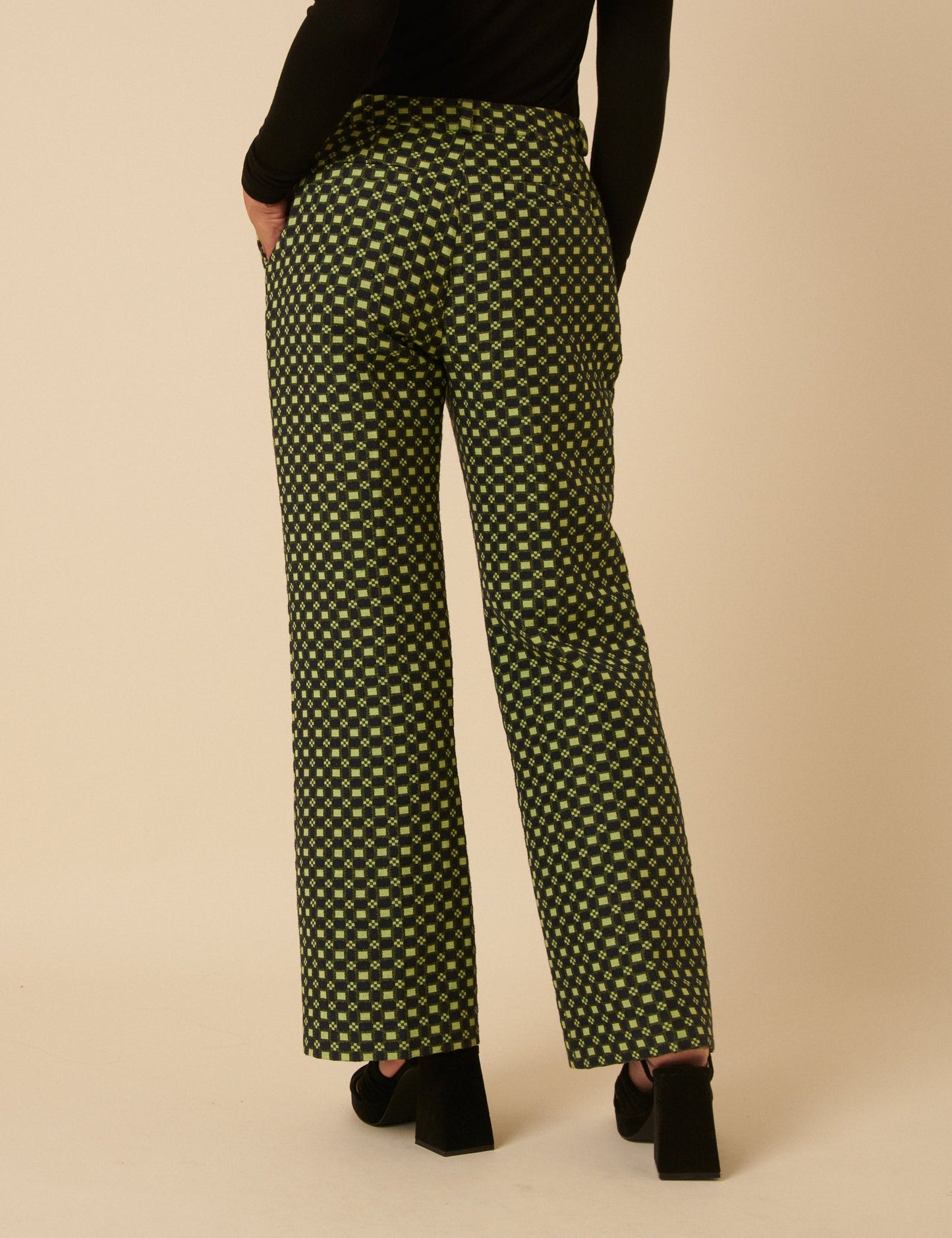 Black and Lime Green Jacquard Checkerboard Tailored Trousers