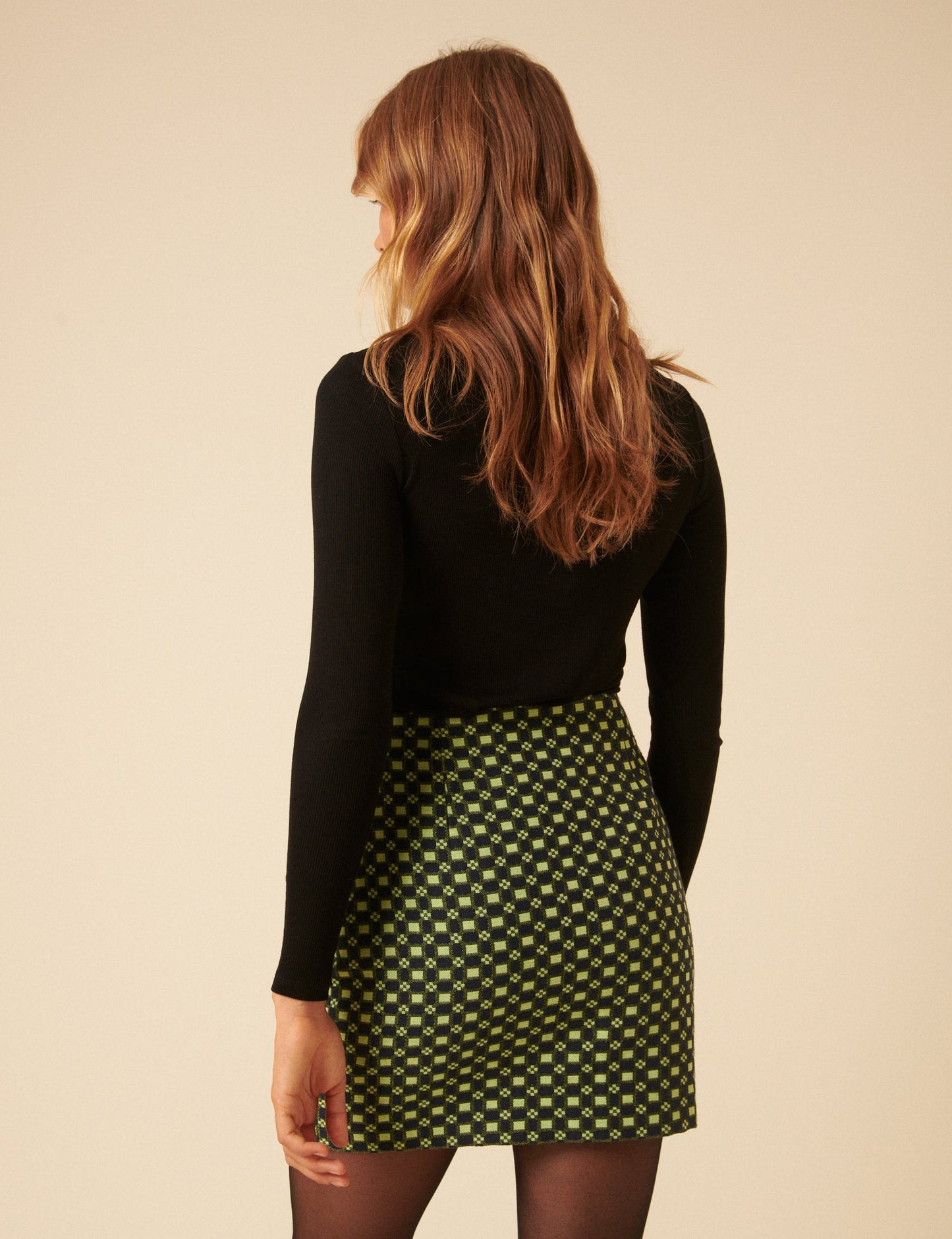 Black and Lime Green Jacquard Checkerboard Mini Skirt
