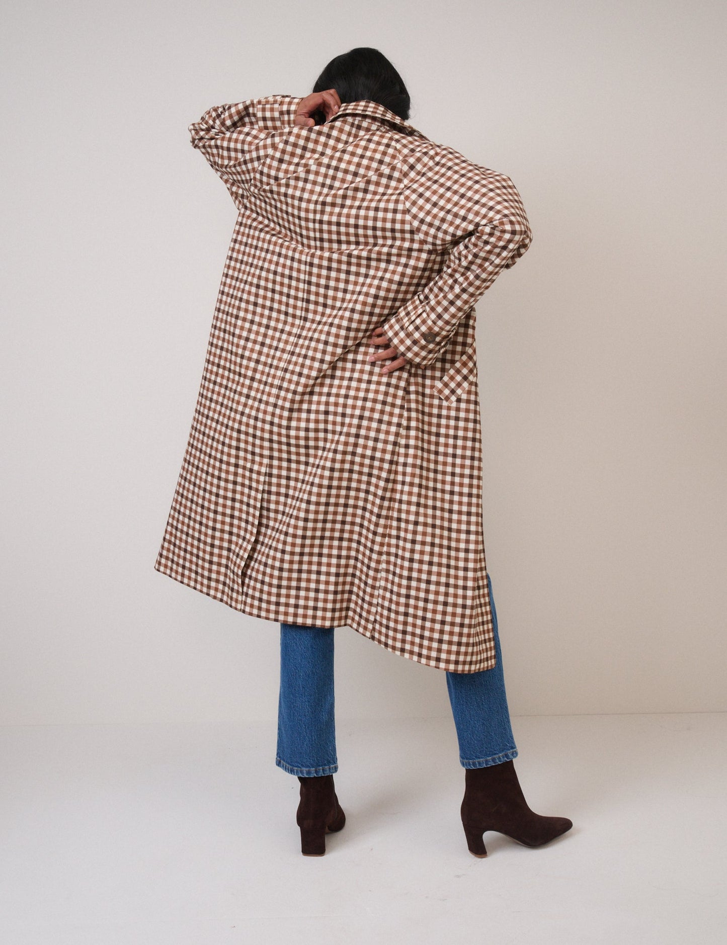 Brown Check Cropped Trench Coat