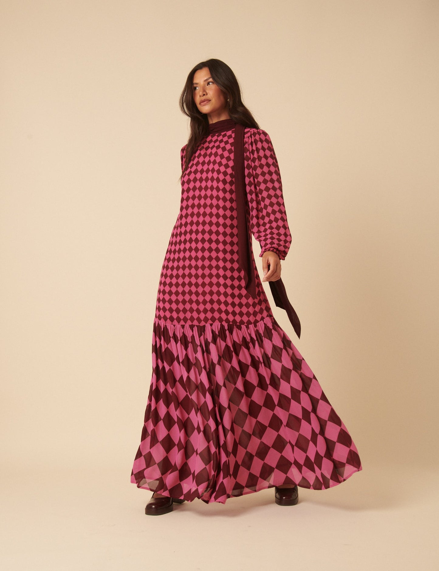 Burgundy and Pink Printed Scarf Tiered Maxi Dress