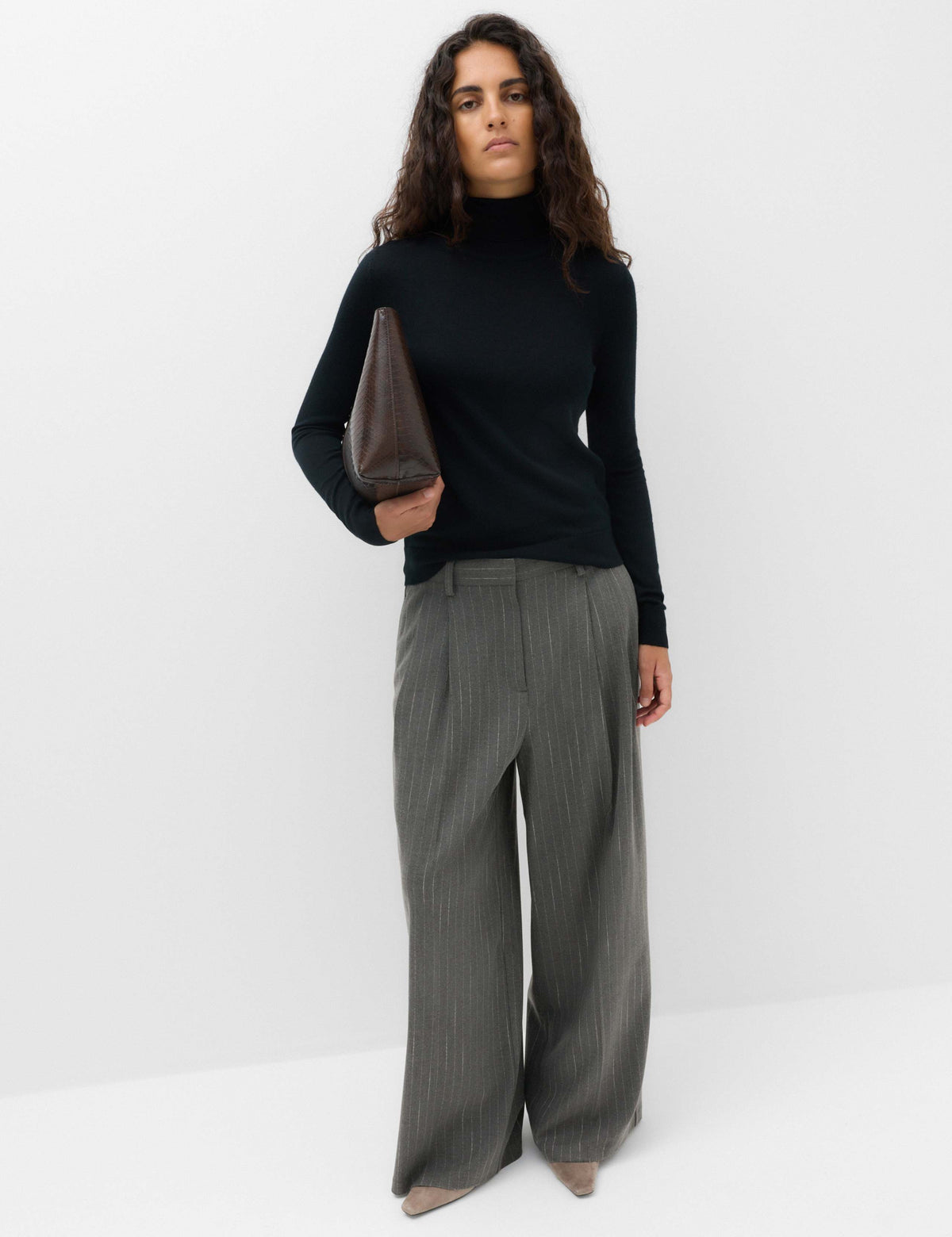 Pinstripe Pleat Front Straight Leg Trousers