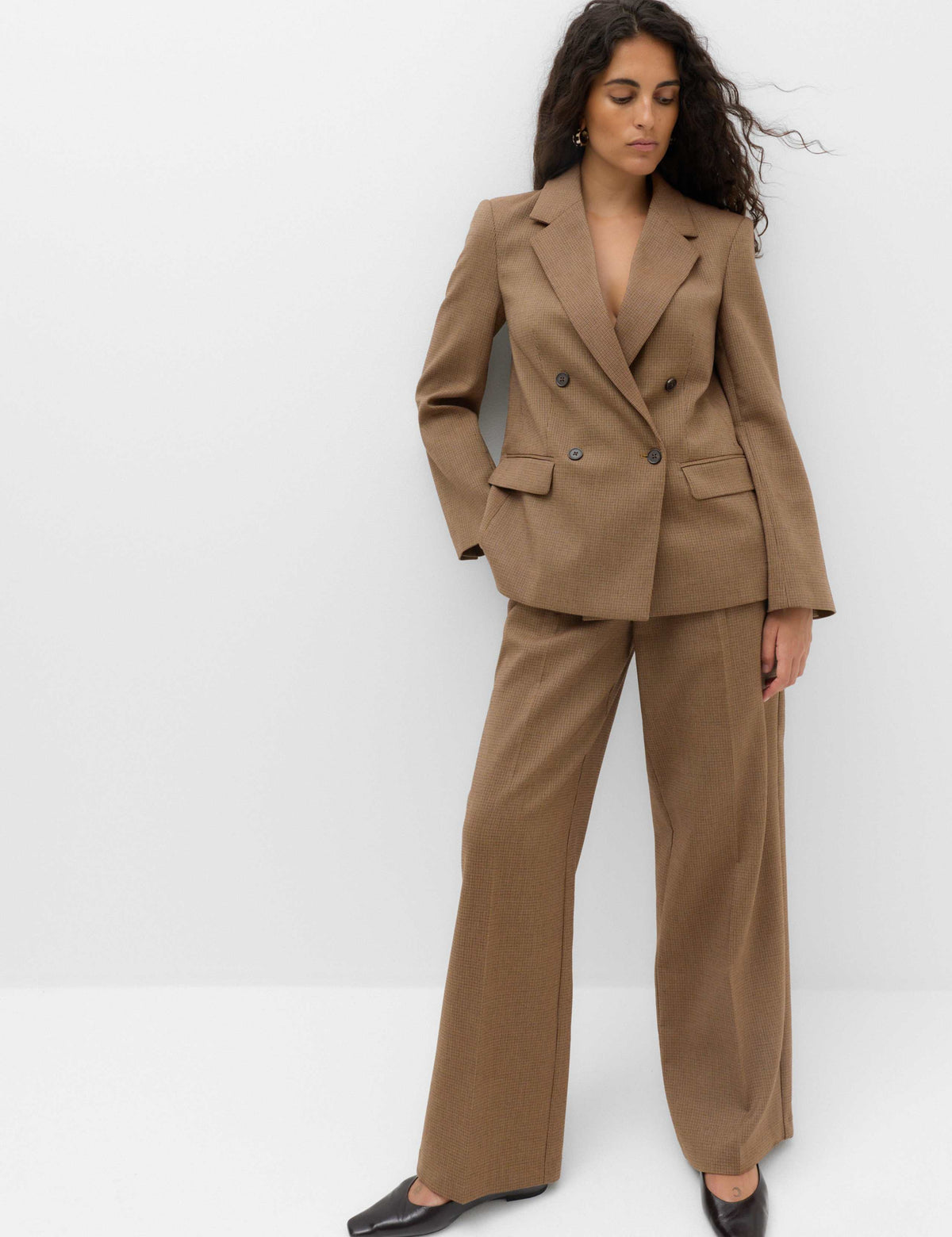 Pleated Micro Checked Wide Leg Trousers