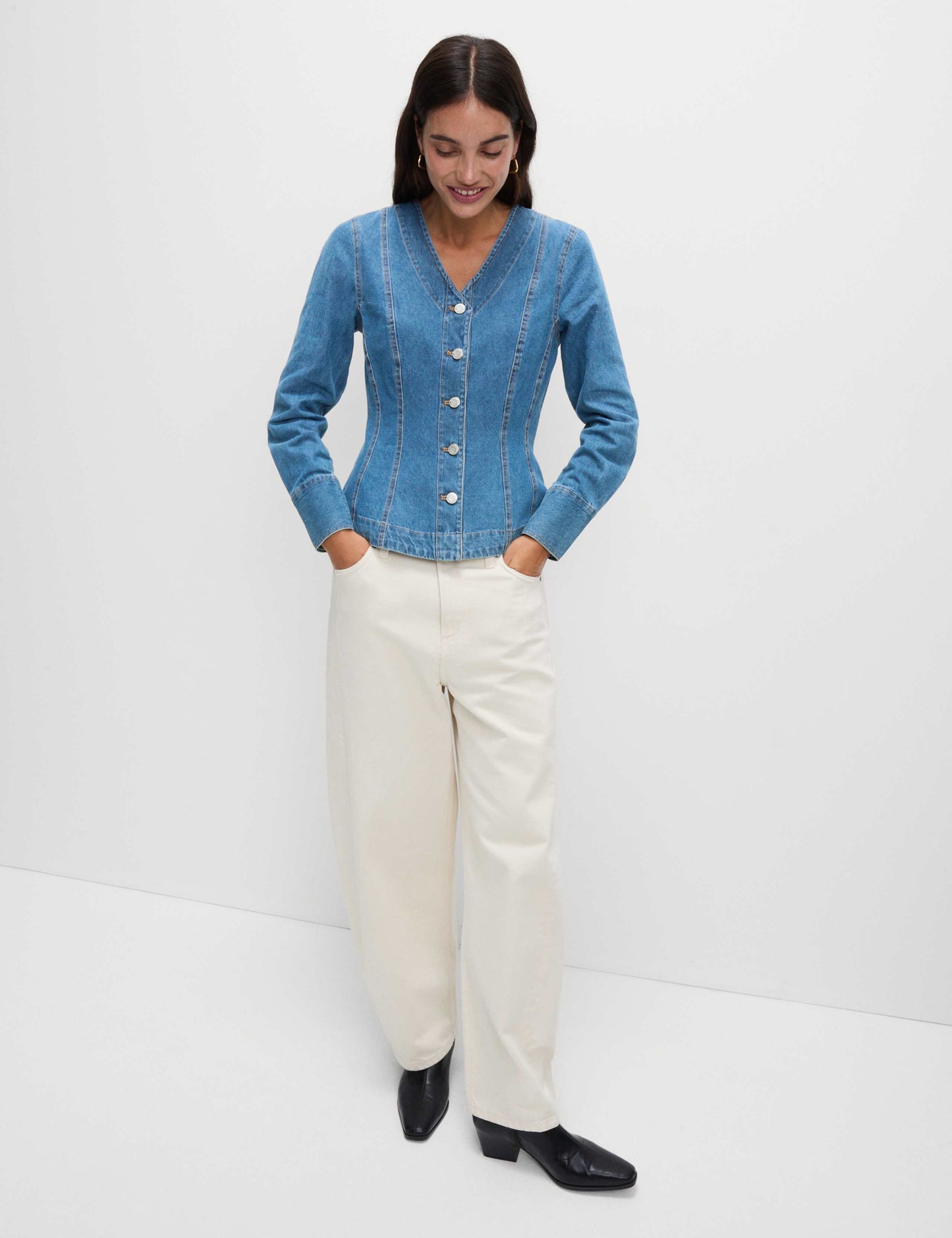 Pure Cotton Denim V-Neck Buttoned Slim Fit Shirt