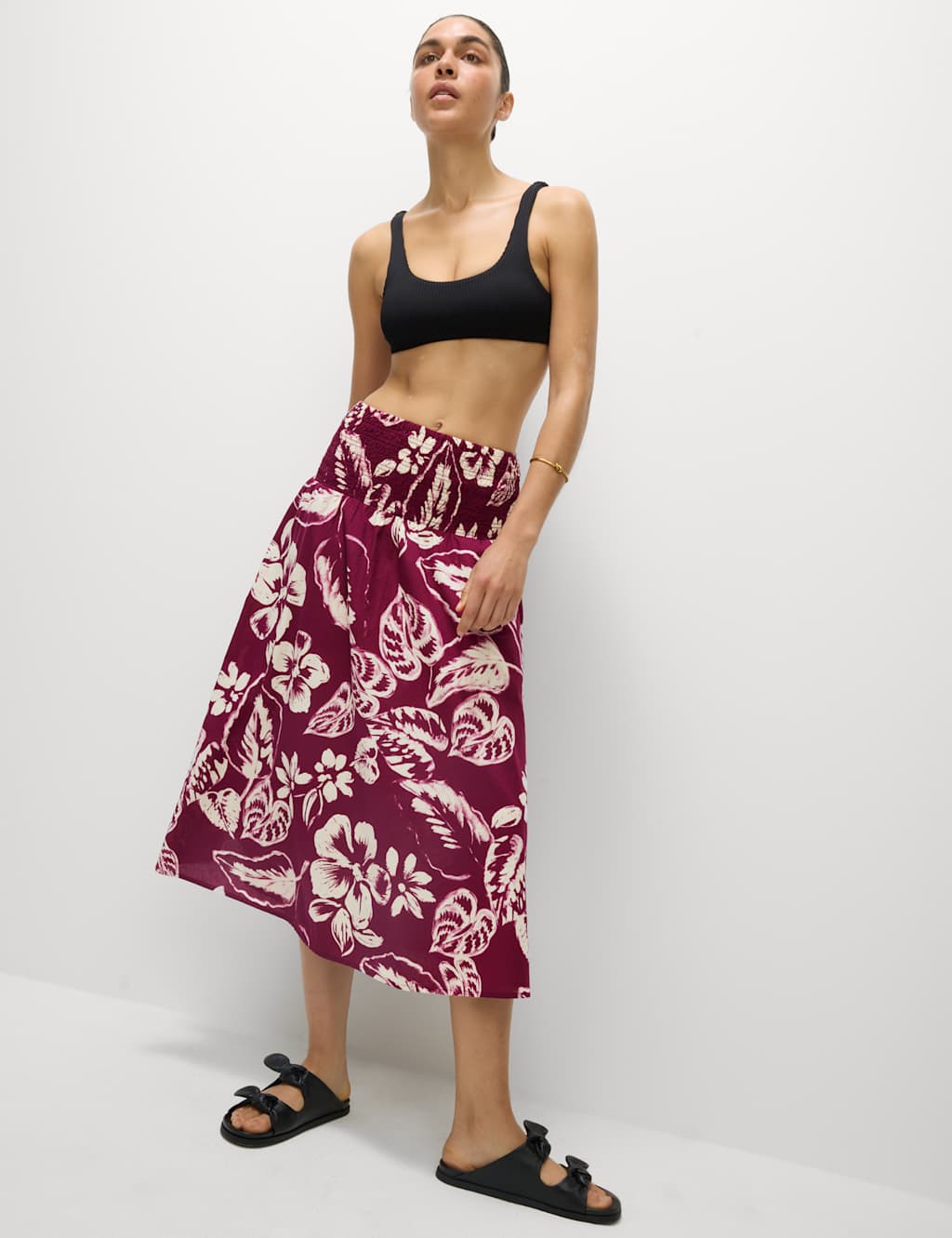 Pure Cotton Printed Shirred Midi Tiered Beach Skirt