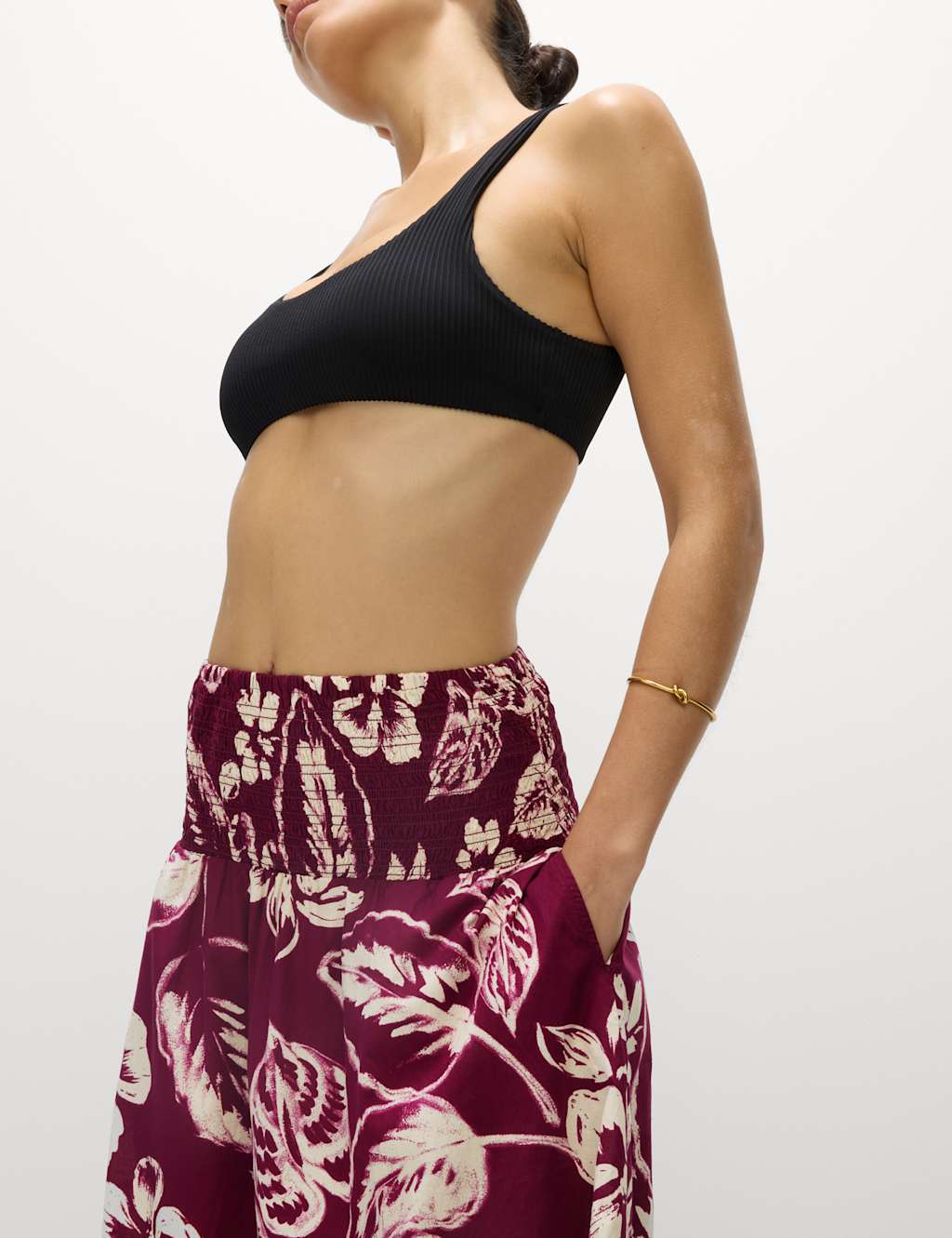 Pure Cotton Printed Shirred Midi Tiered Beach Skirt