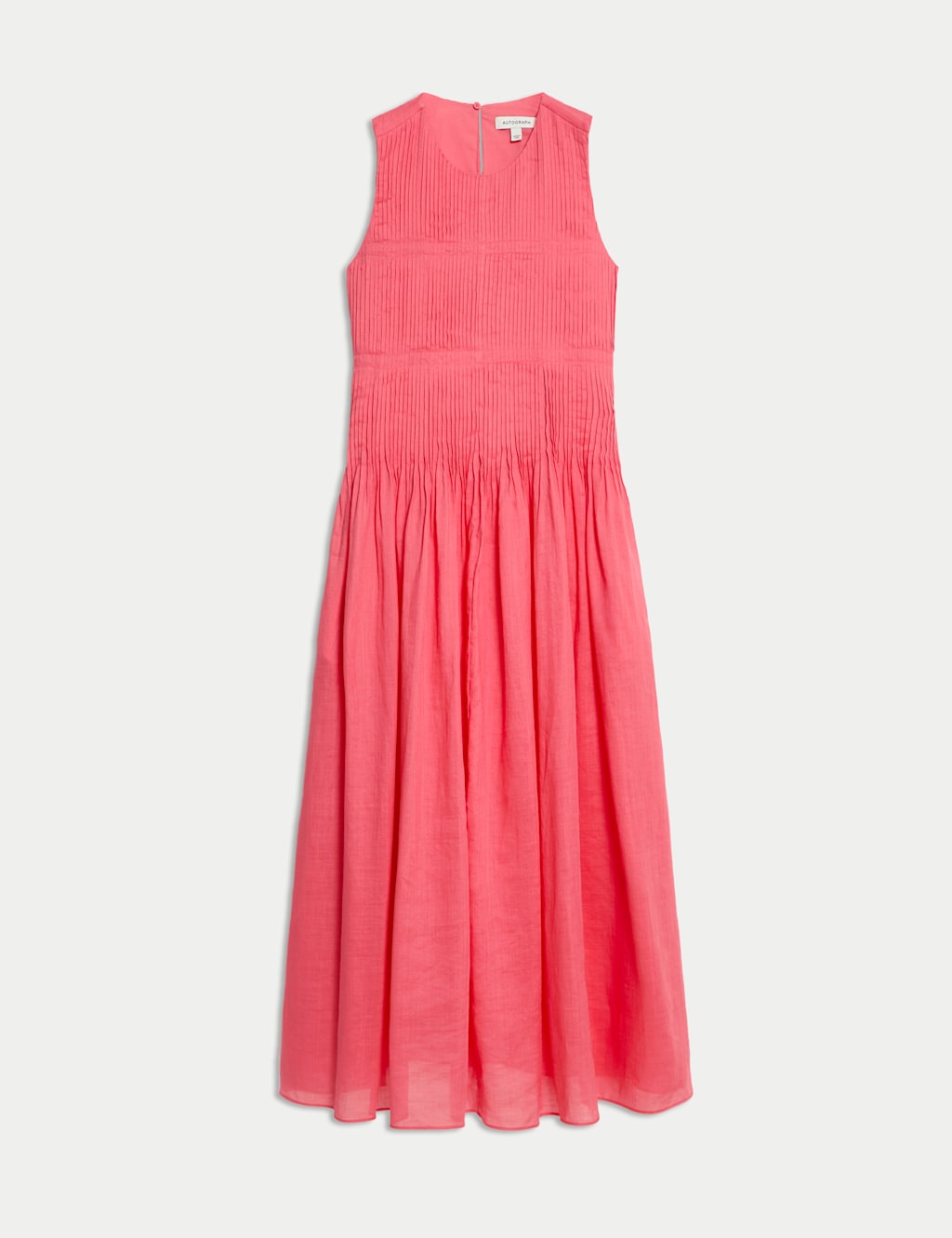 Pure Ramie Round Neck Pintuck Midi Shirred Dress