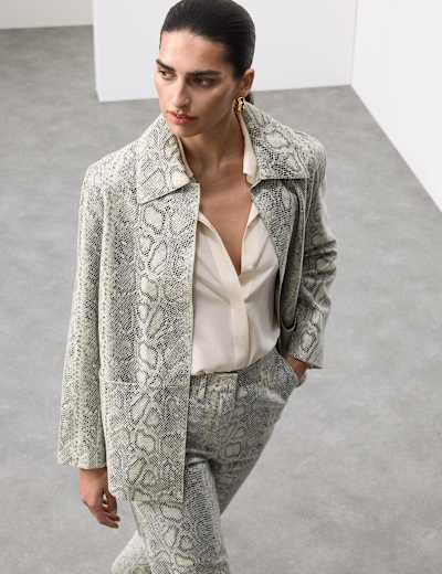 Leather Snakeskin Print Straight Leg Trousers