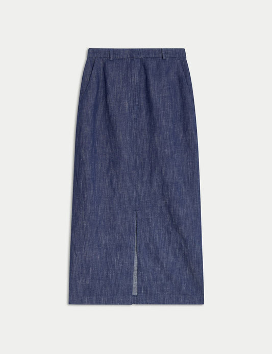 Linen blend split front maxi column skirt