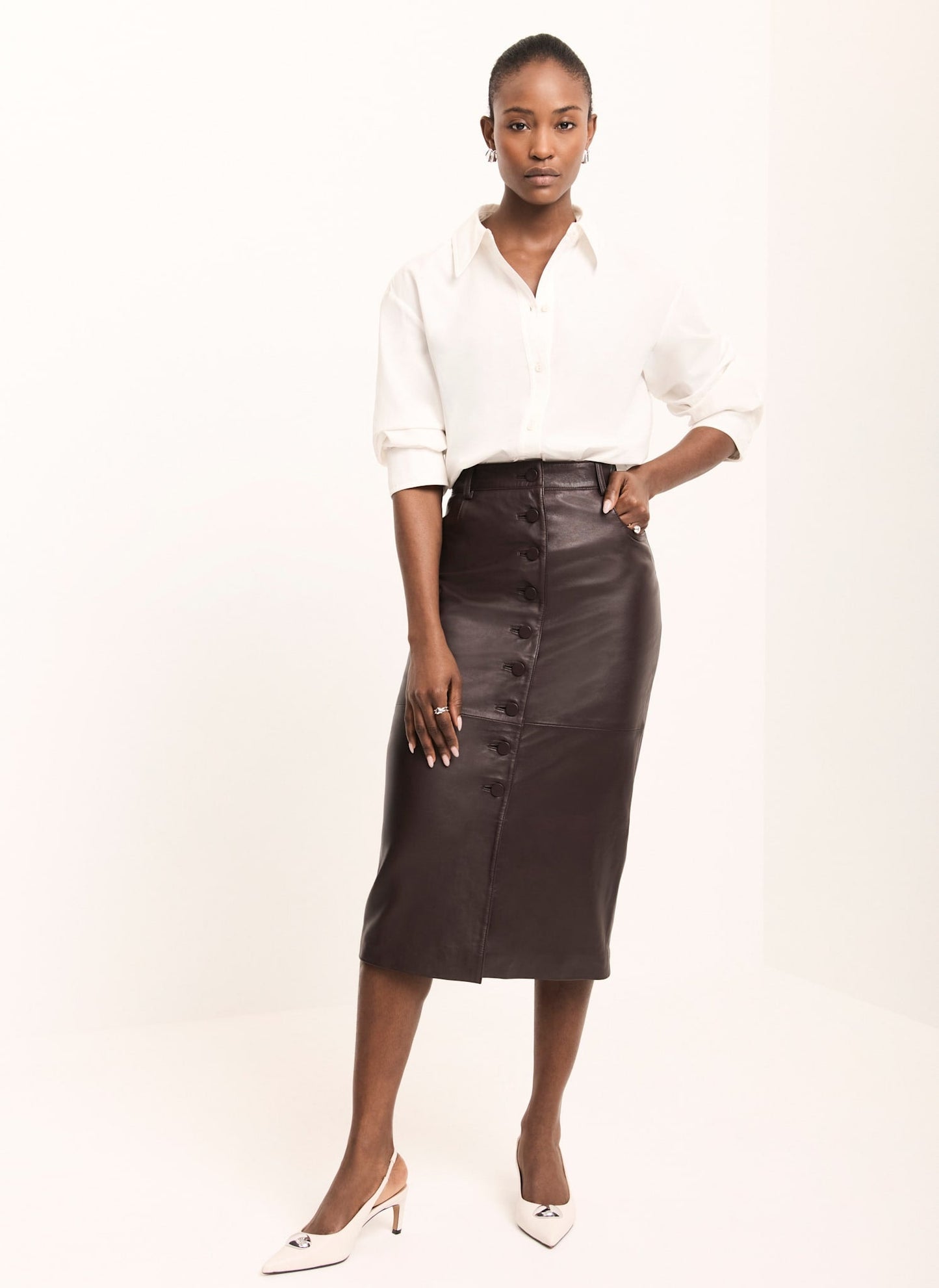 Burgundy Leather Midi Skirt