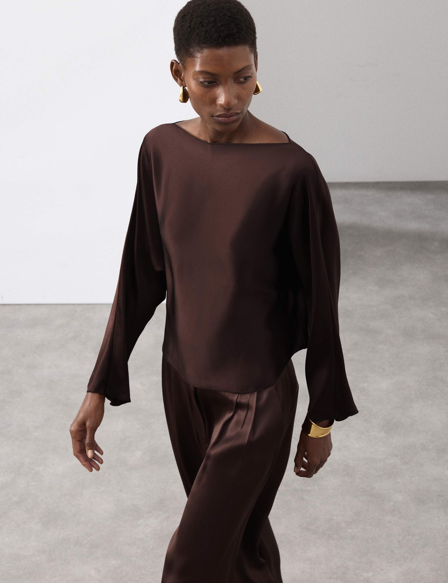Satin Draped Slash Neck Blouse