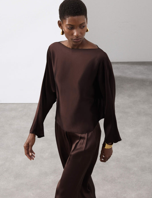 Satin Draped Slash Neck Blouse