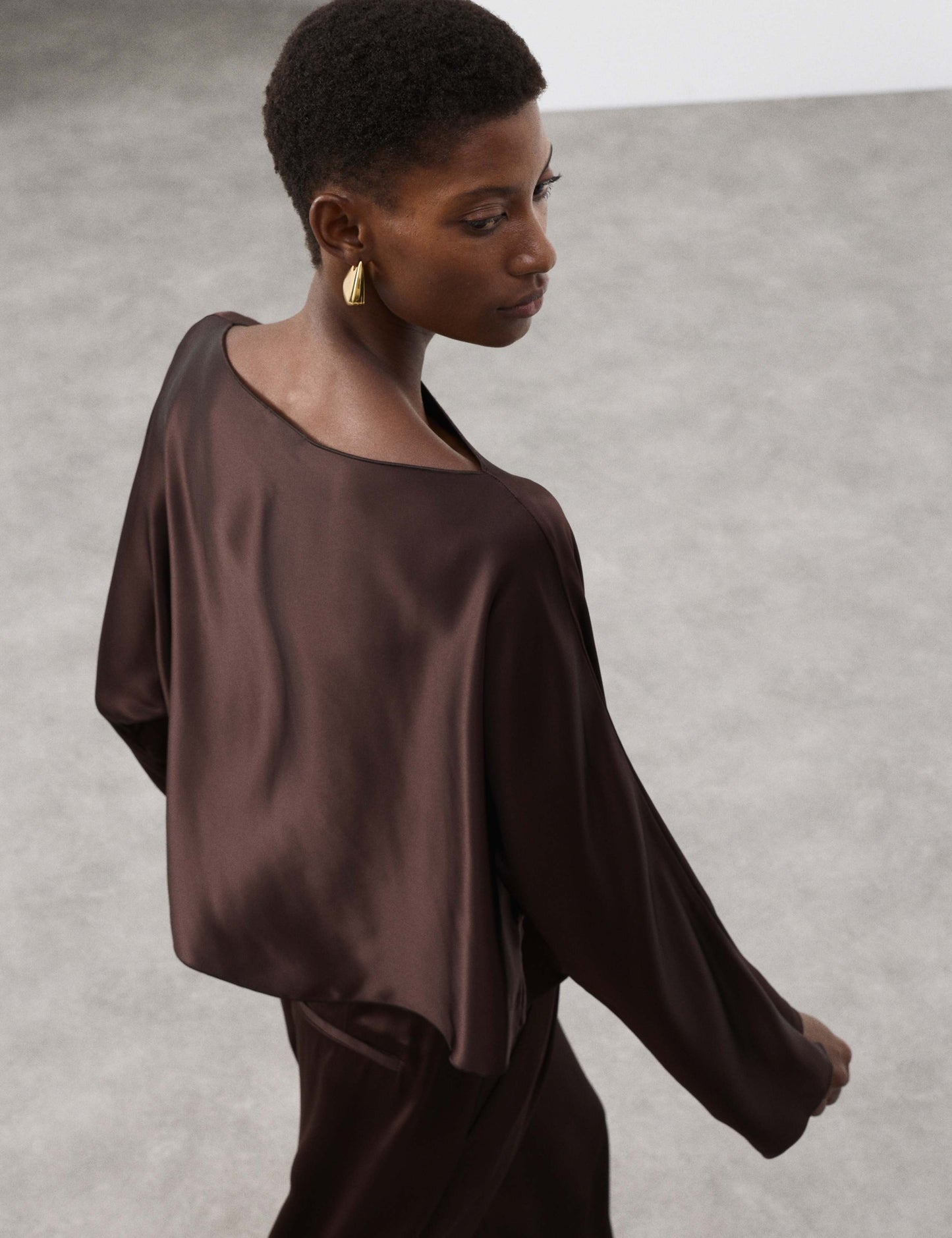 Satin Draped Slash Neck Blouse