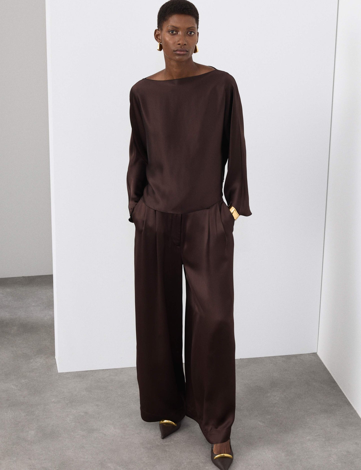 Satin Draped Slash Neck Blouse