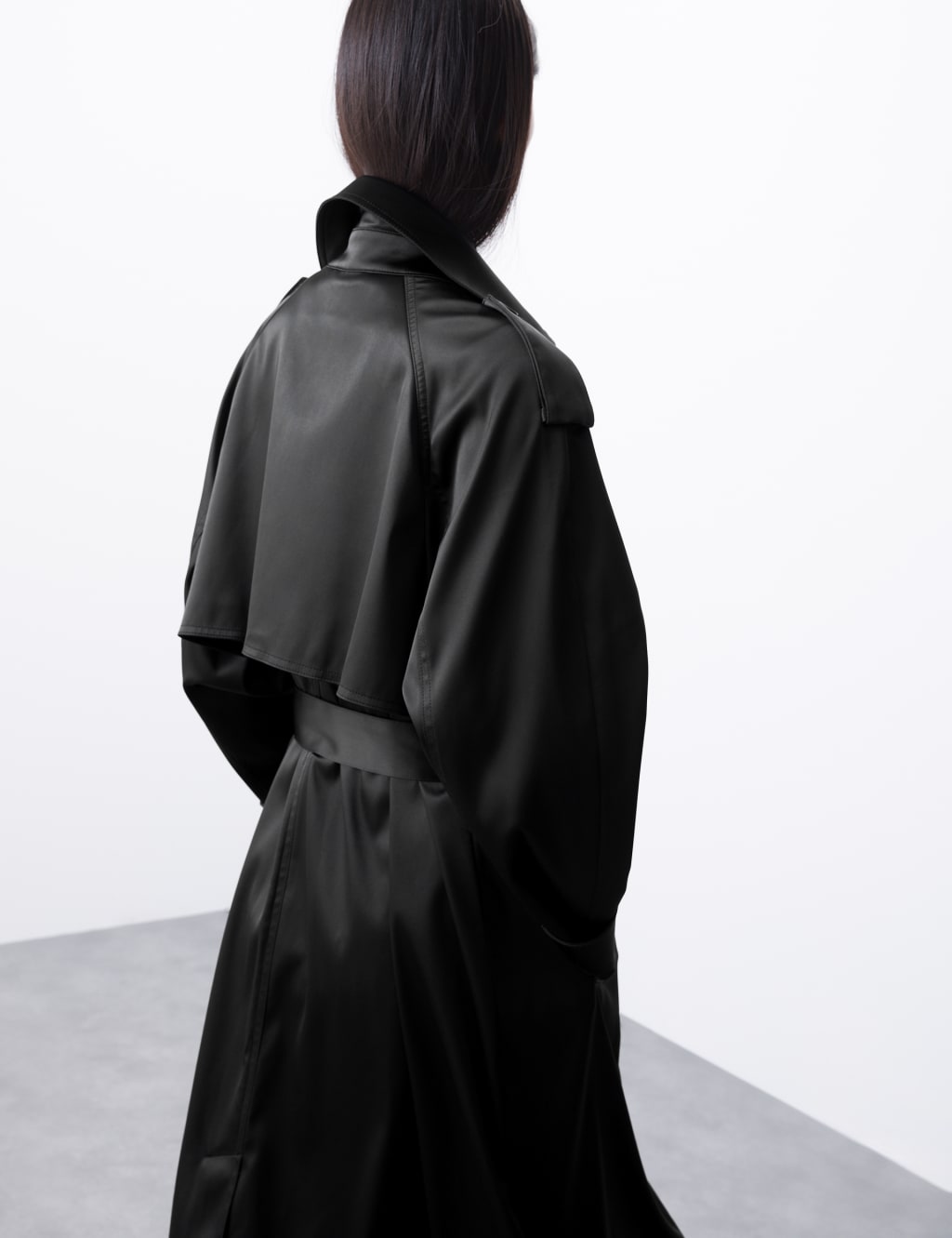 Satin Look Double Breasted Longline Trench Coat