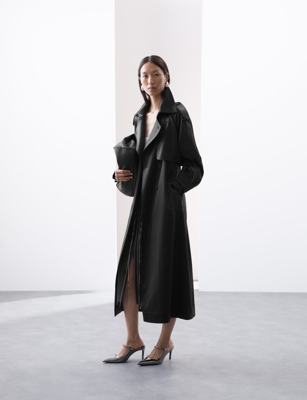 Satin Look Double Breasted Longline Trench Coat