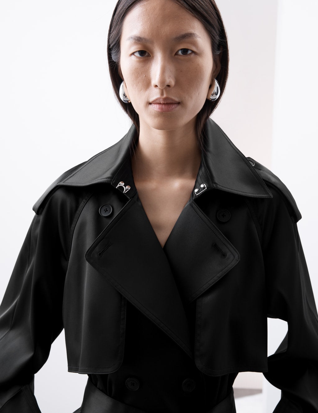 Satin Look Double Breasted Longline Trench Coat