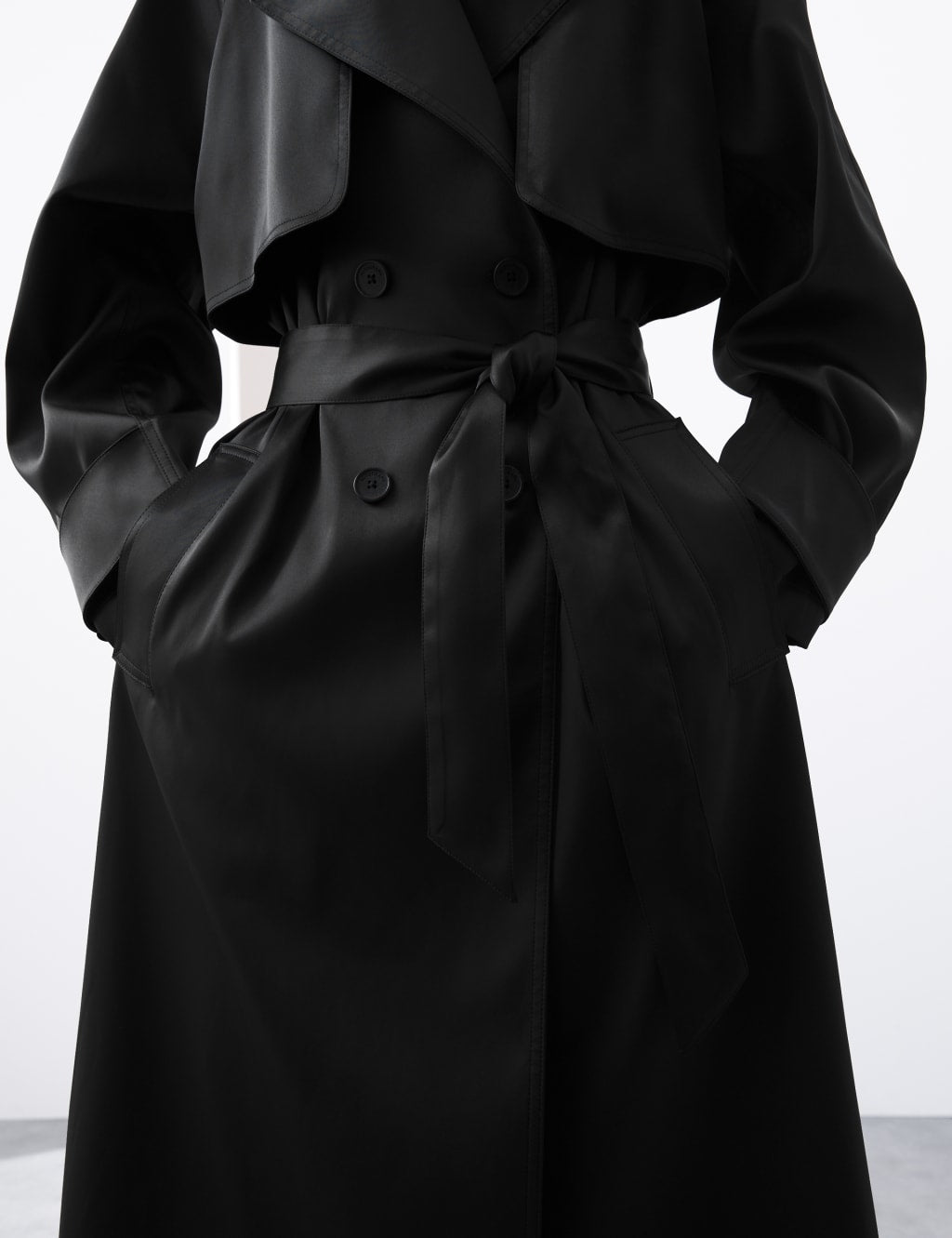 Satin Look Double Breasted Longline Trench Coat