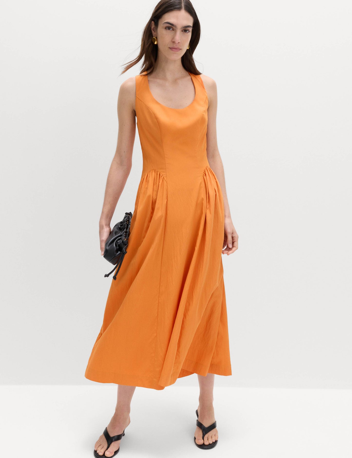 Scoop Neck Pleated Midi Drop Waist Dress