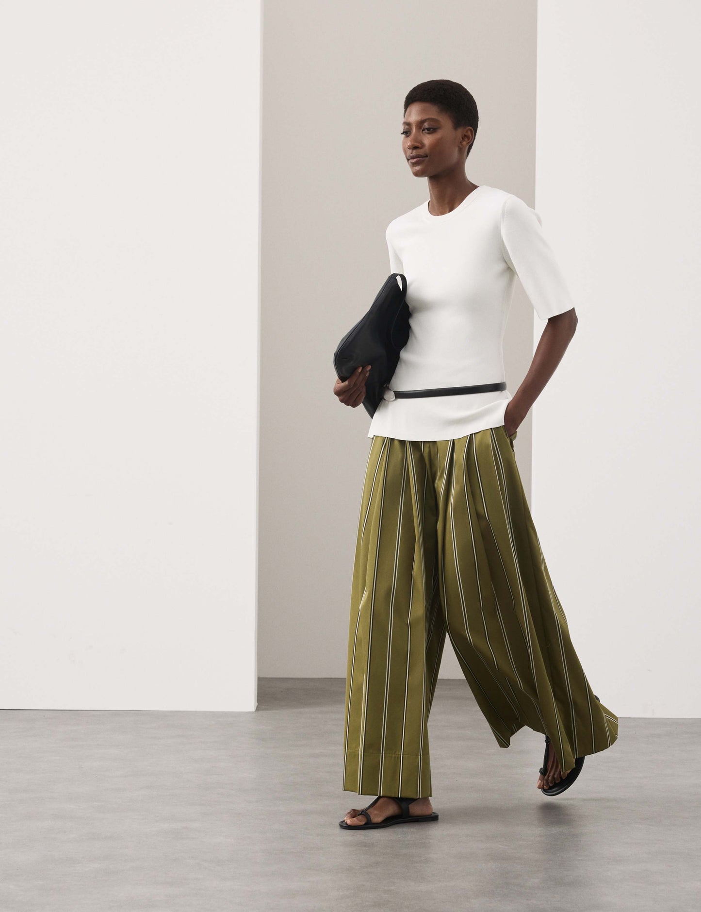 Striped Pleat Front Wide Leg Trousers