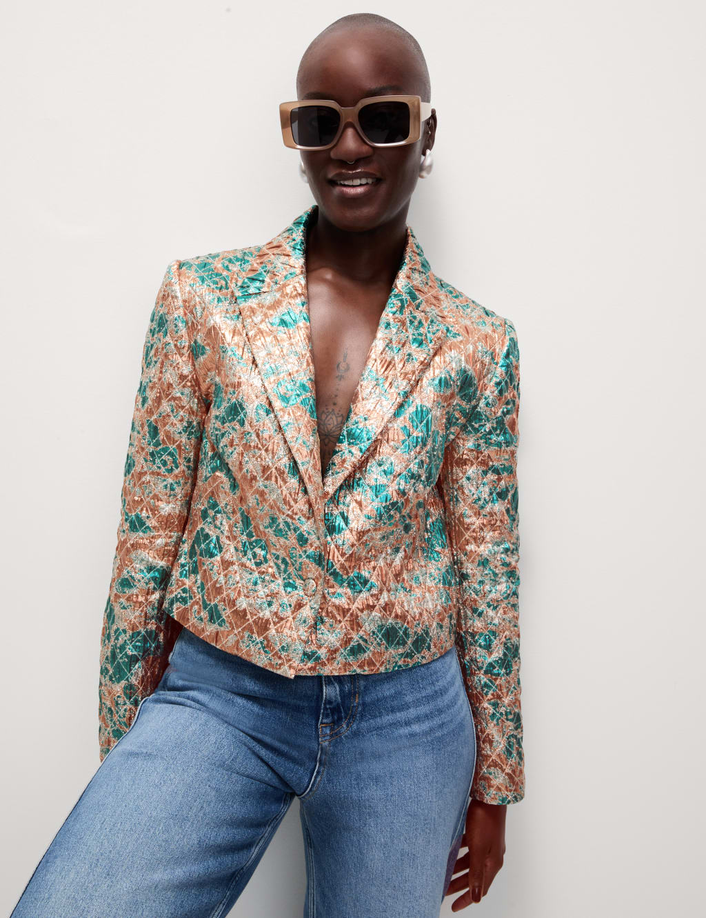 Tailored Metallic Quilted Cropped Blazer