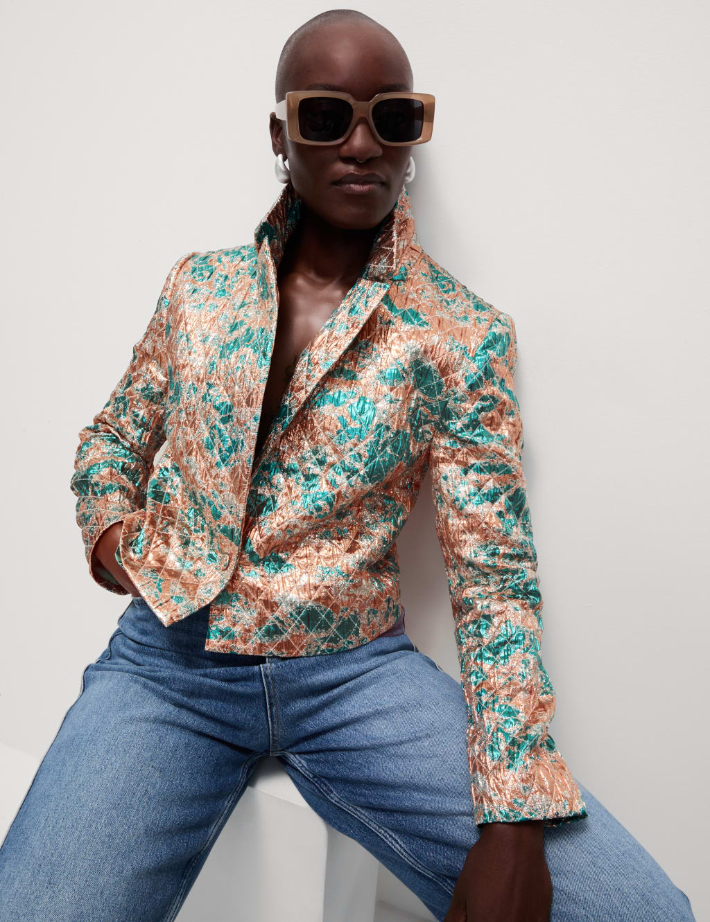 Tailored Metallic Quilted Cropped Blazer