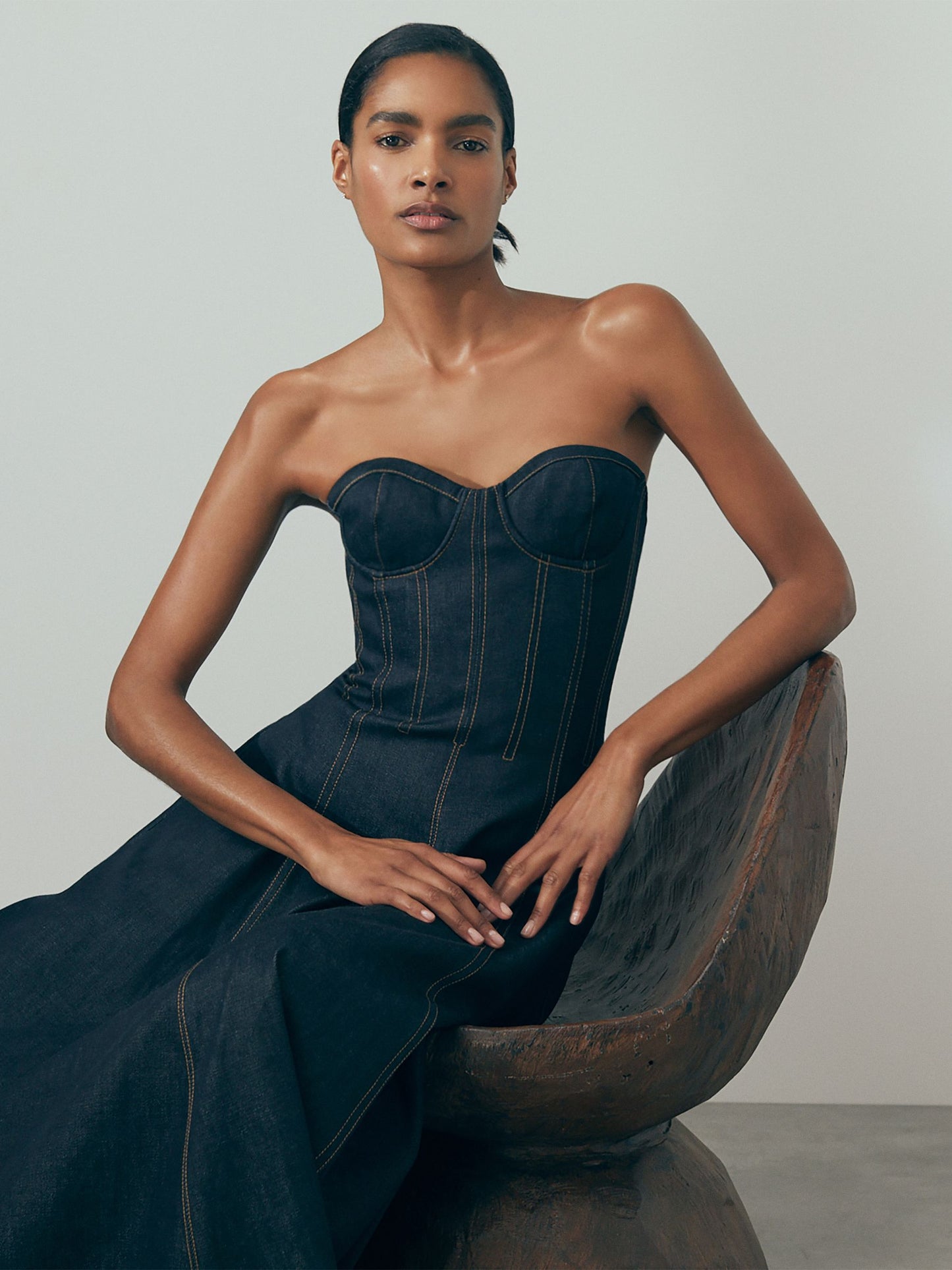 Strapless Structured Denim Midi Dress in Indigo Blue