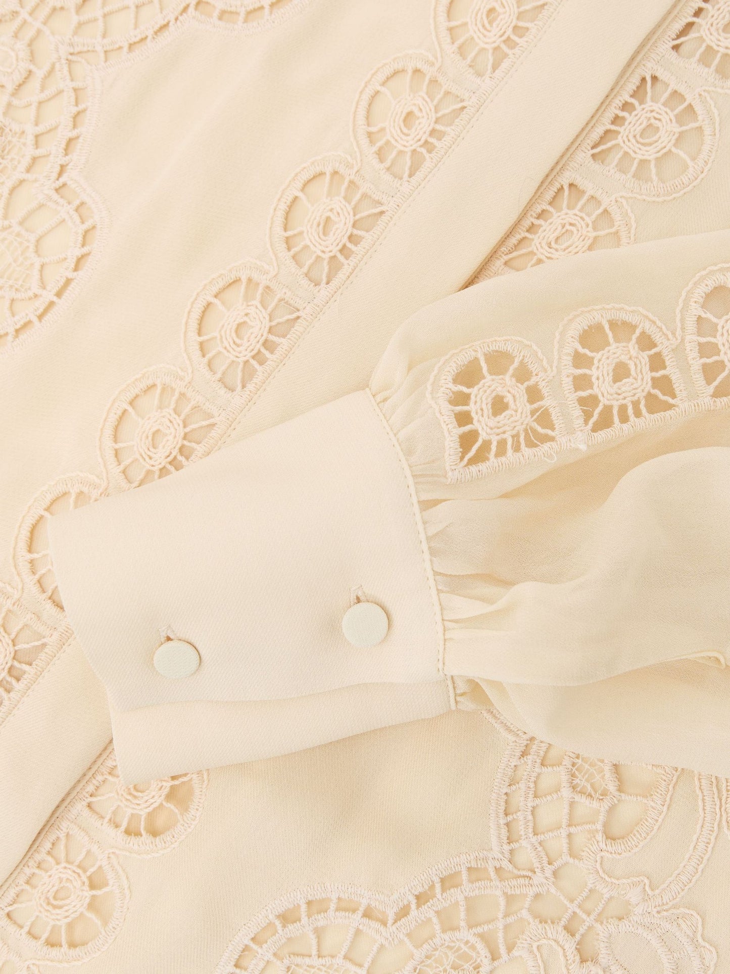 Cutwork-Embroidery Sheer-Sleeve Blouse in Pale Yellow