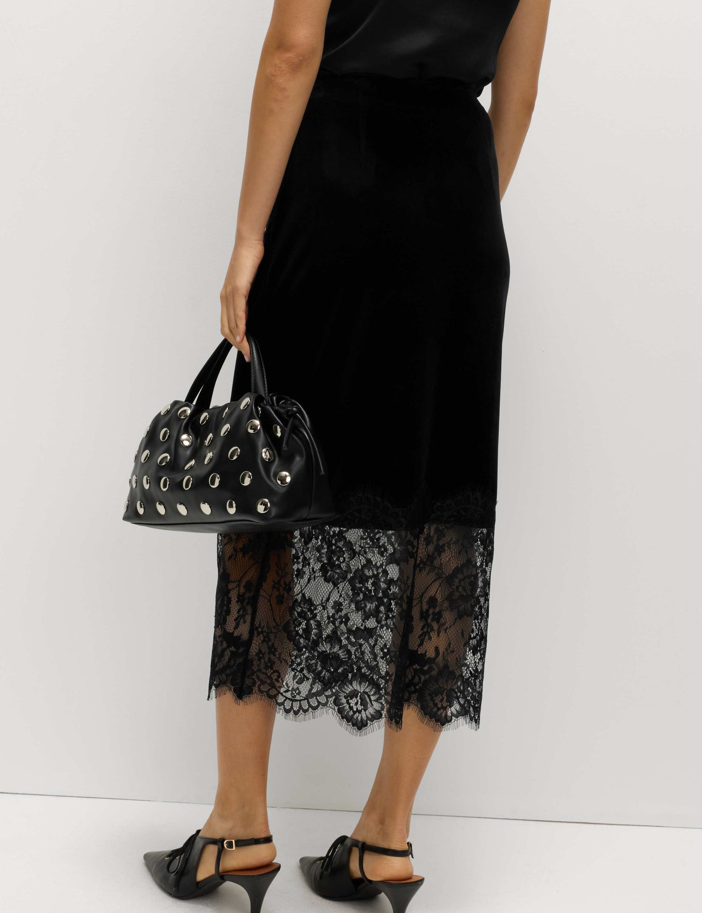 Velvet Lace Detail Midi Pencil Skirt