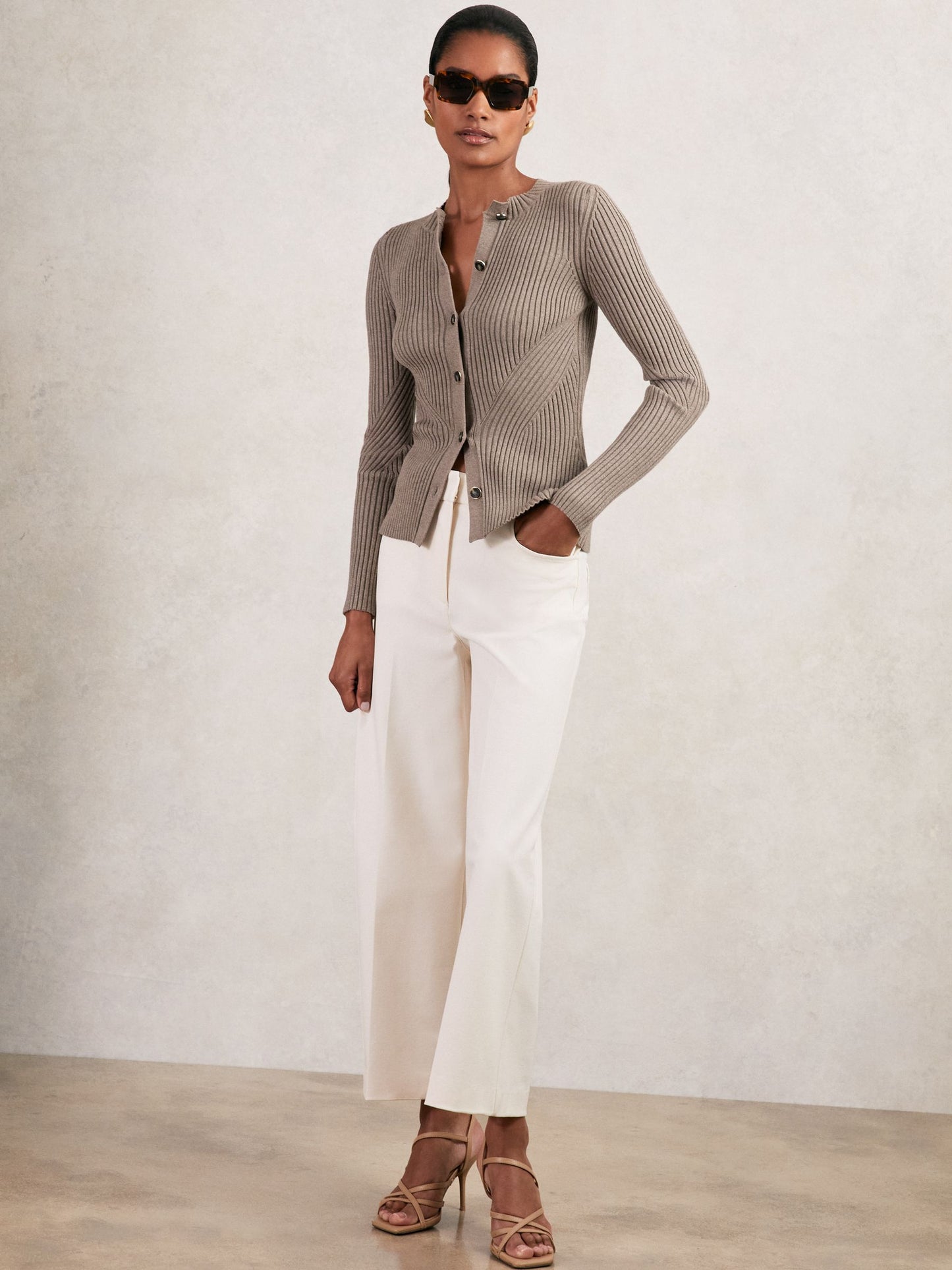 Button Front Knit Cardigan in Stone