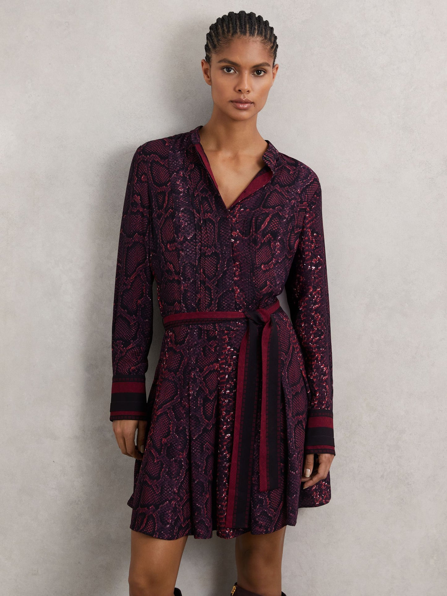 Snake-Print Belted Mini Dress in Burgundy/Black