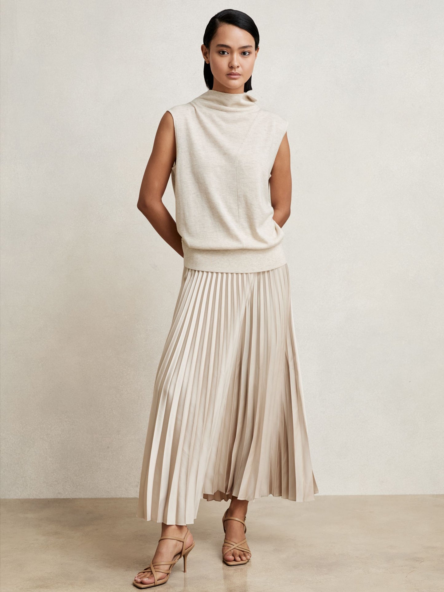 Pleated Midi Skirt in Champagne Neutral