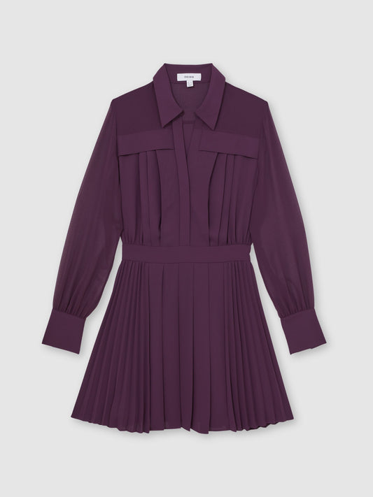 Pleated Sheer-Sleeve Mini Dress in Burgundy