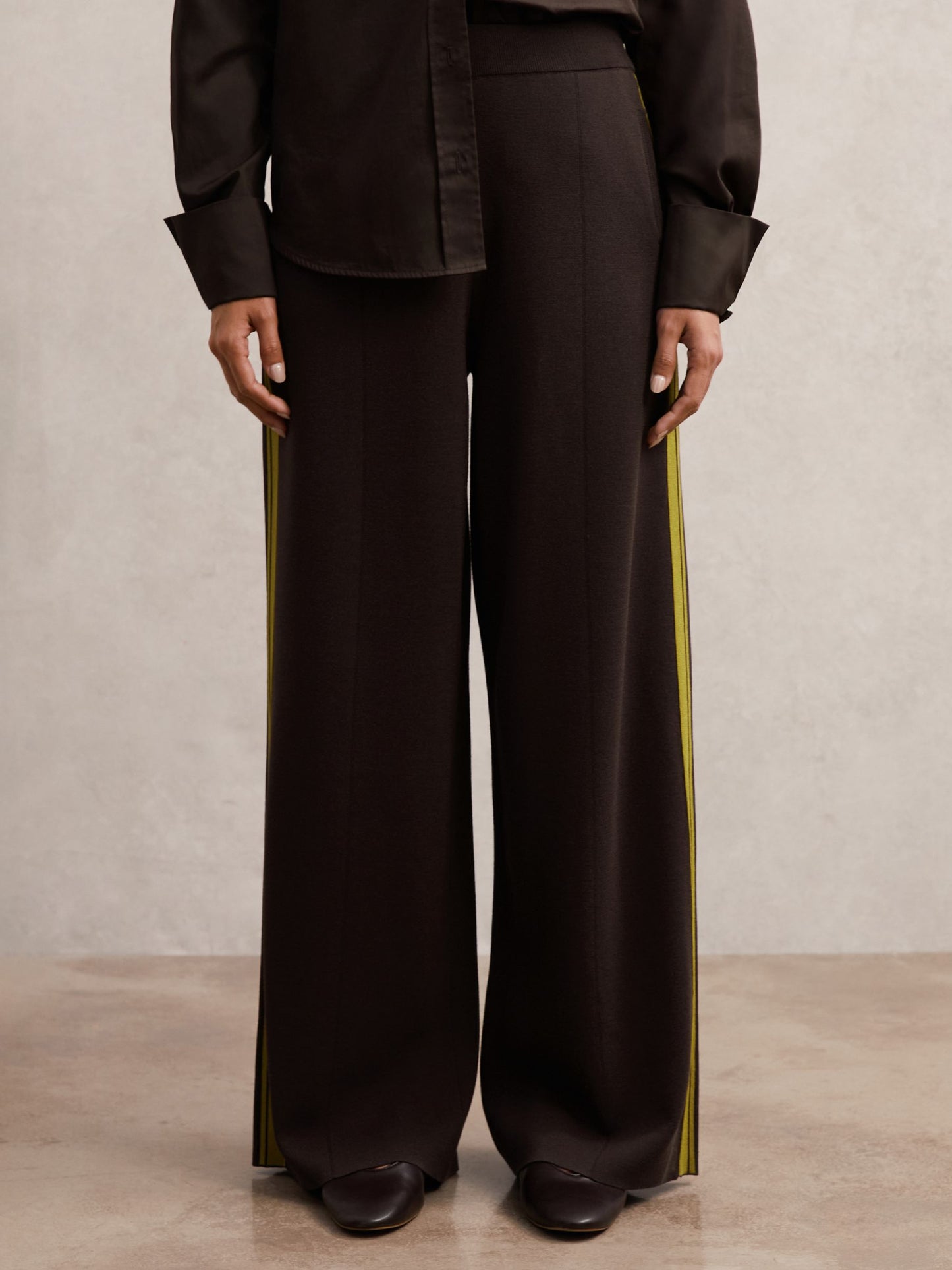 Knitted Side-Stripe Wide-Leg Trousers in Berry