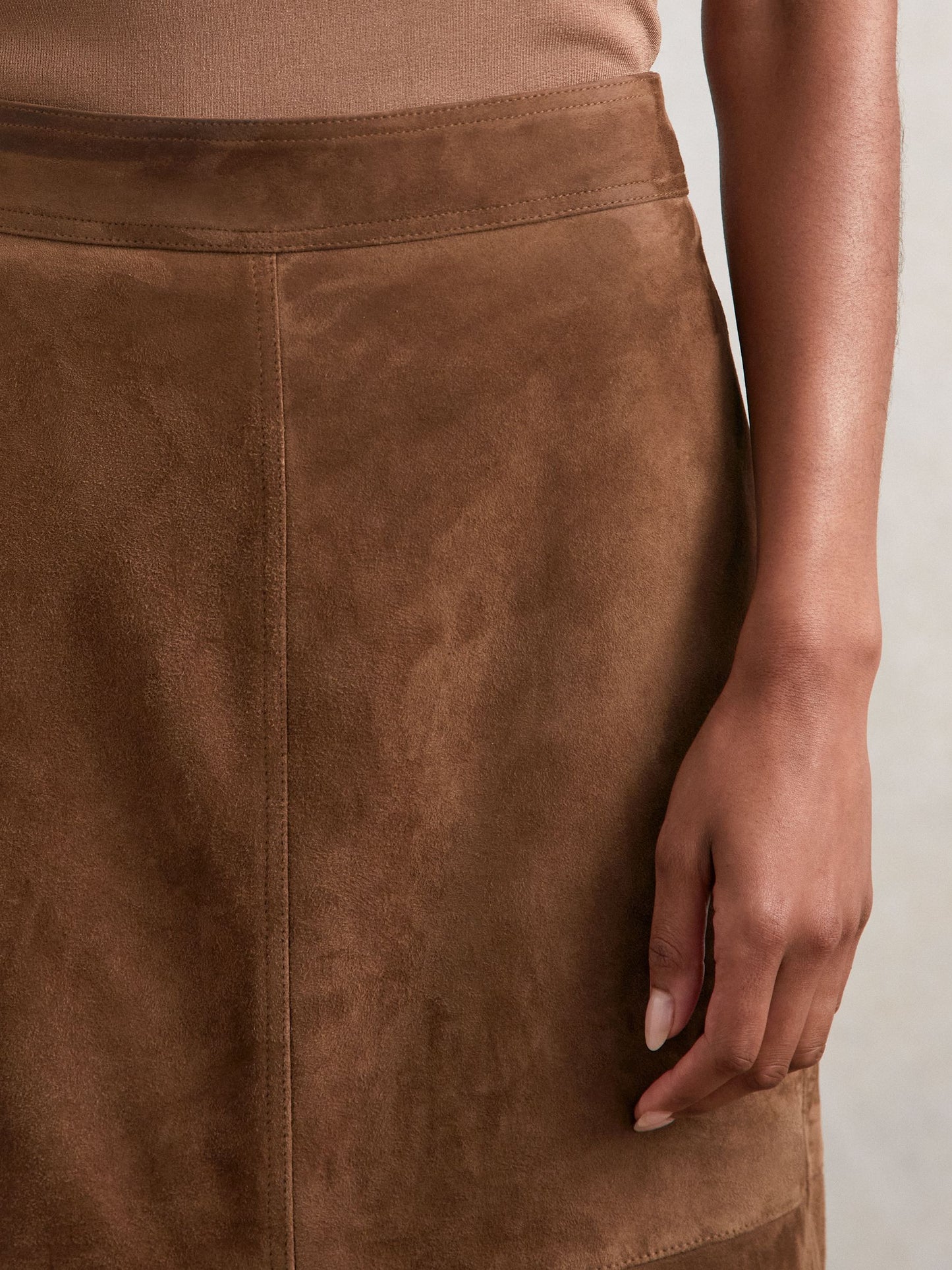 Suede Straight-Fit Midi Skirt in Tan Brown