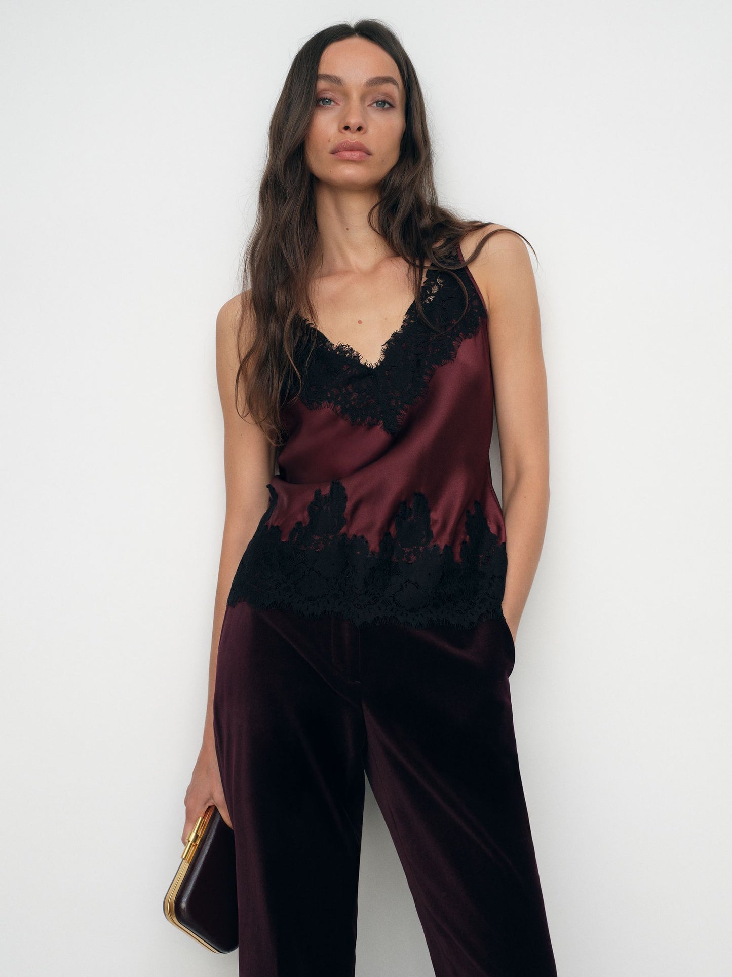 Silk Lace-Trim Cami Top in Burgundy