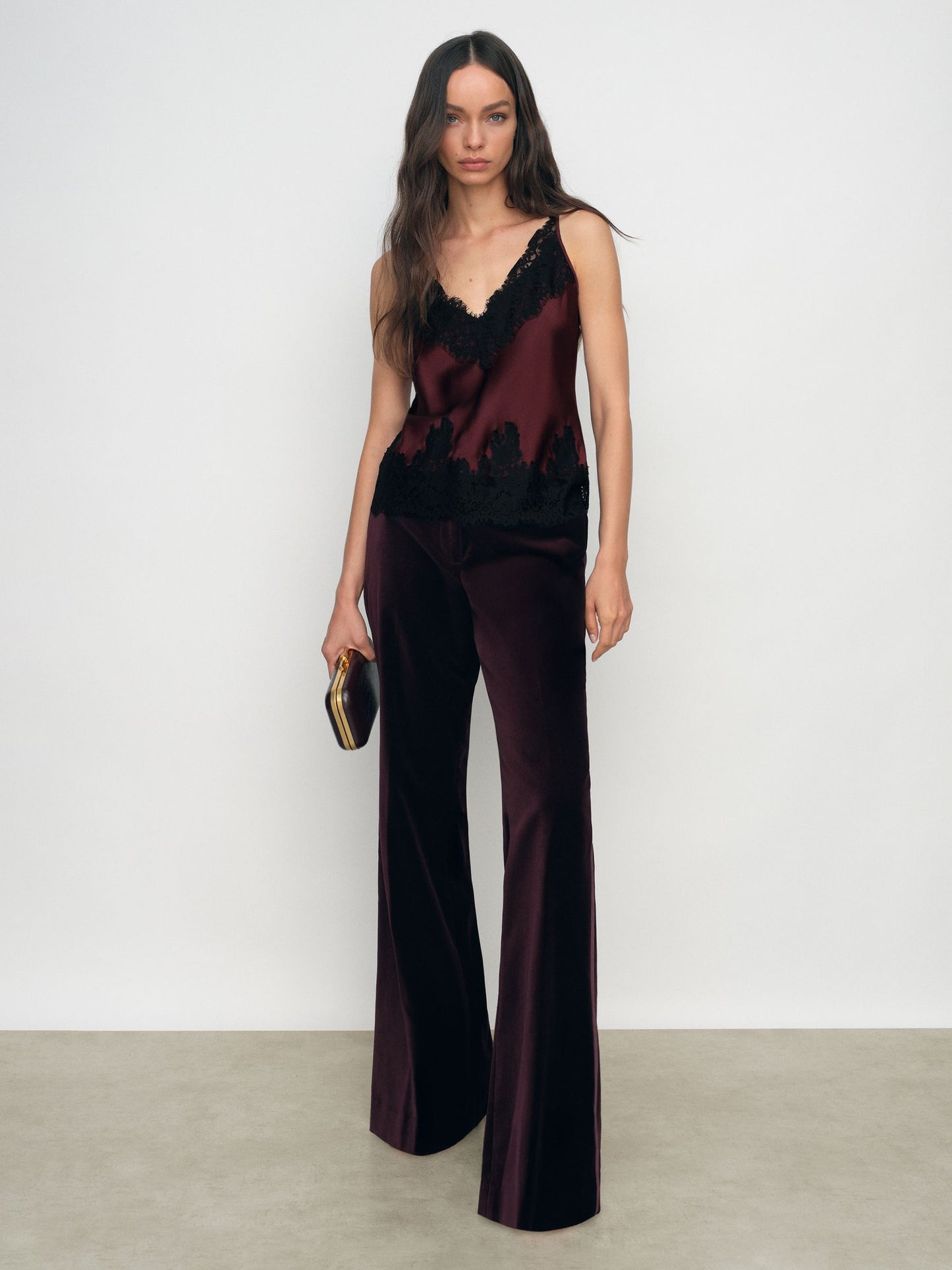 Silk Lace-Trim Cami Top in Burgundy
