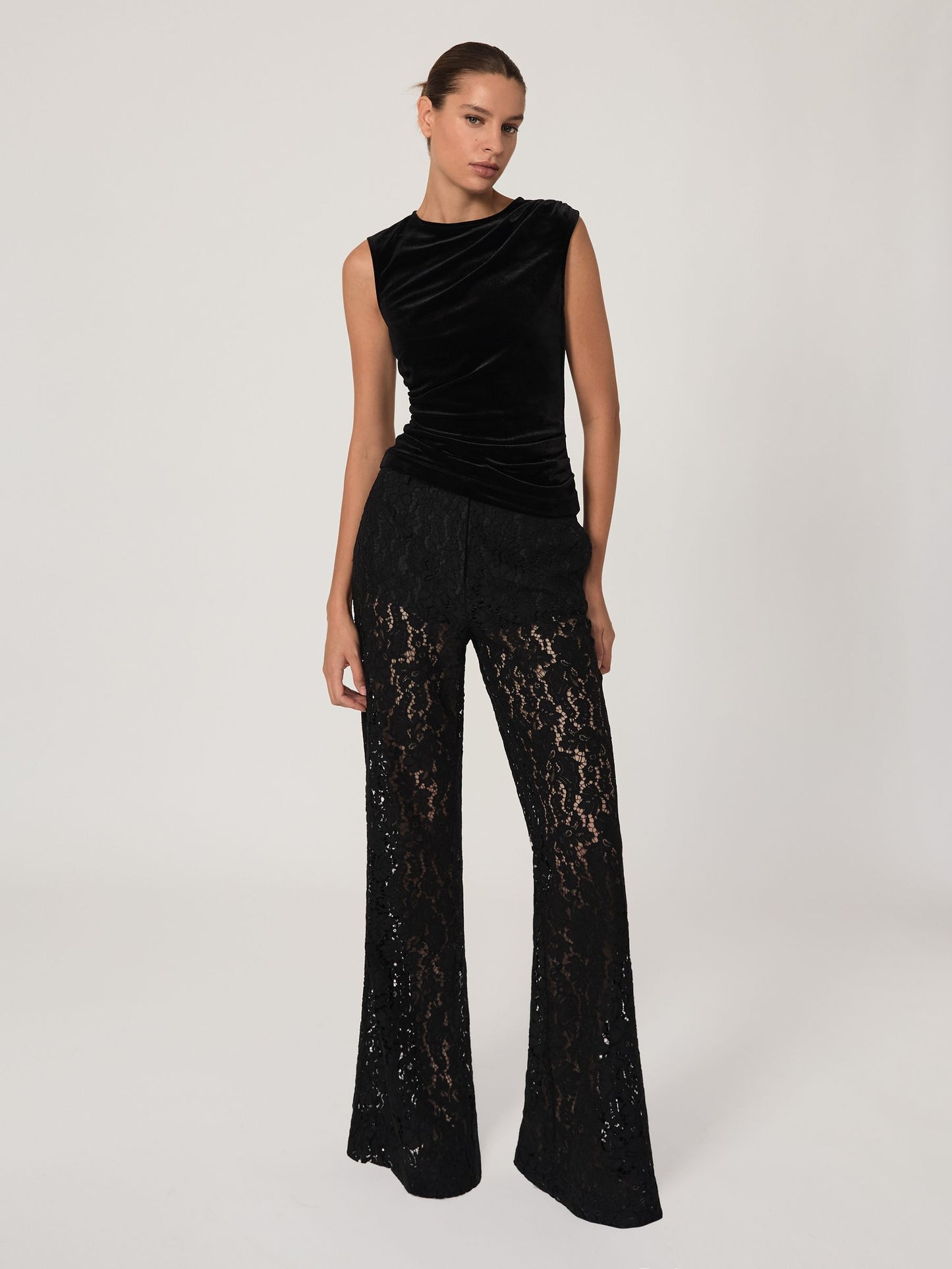 Lace Wide Leg Trousers in Black