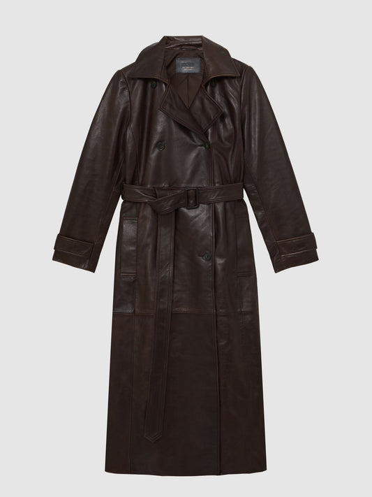 Leather Double-Breasted Trench Coat in Chocolate