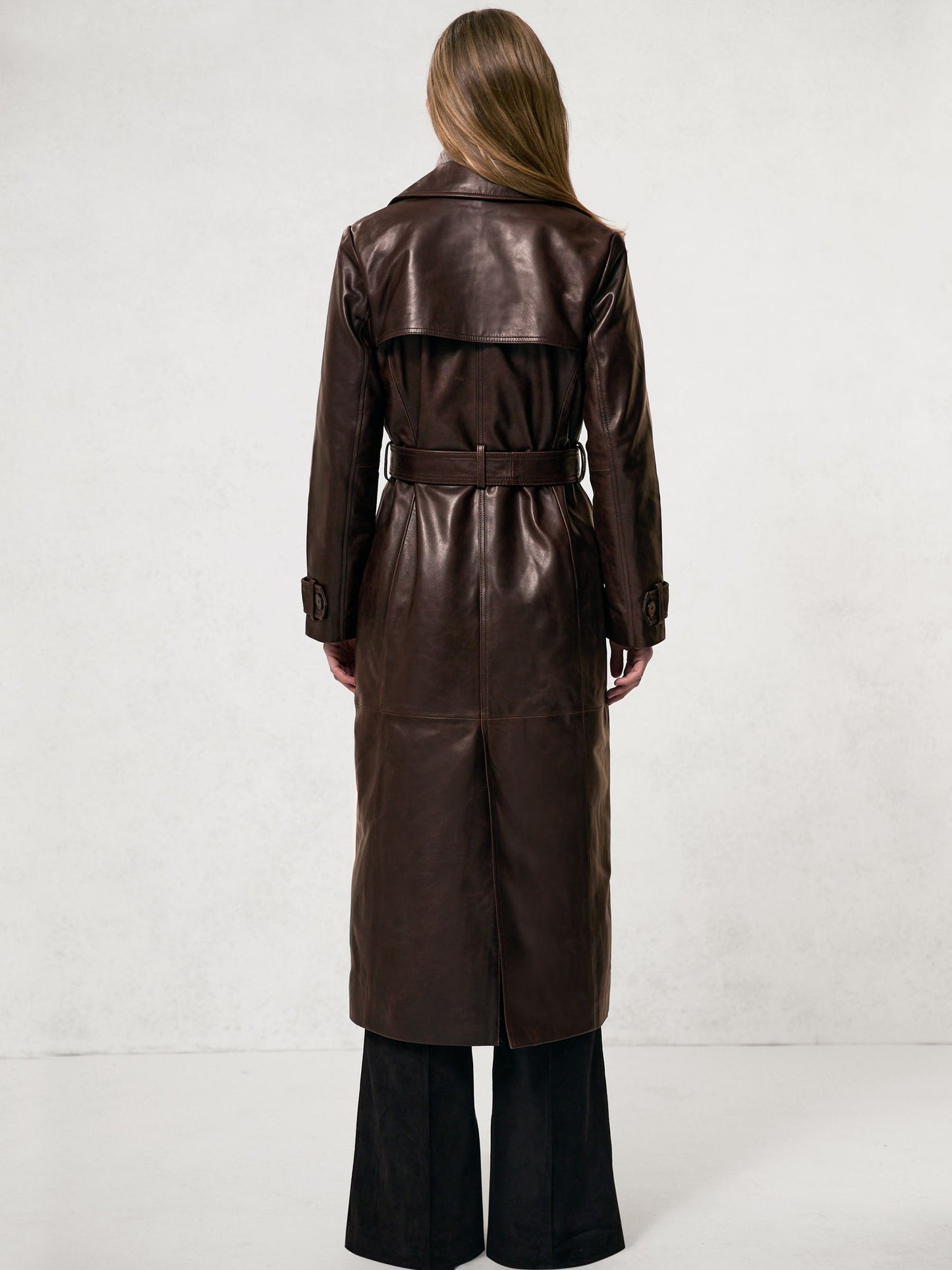 Leather Double-Breasted Trench Coat in Chocolate