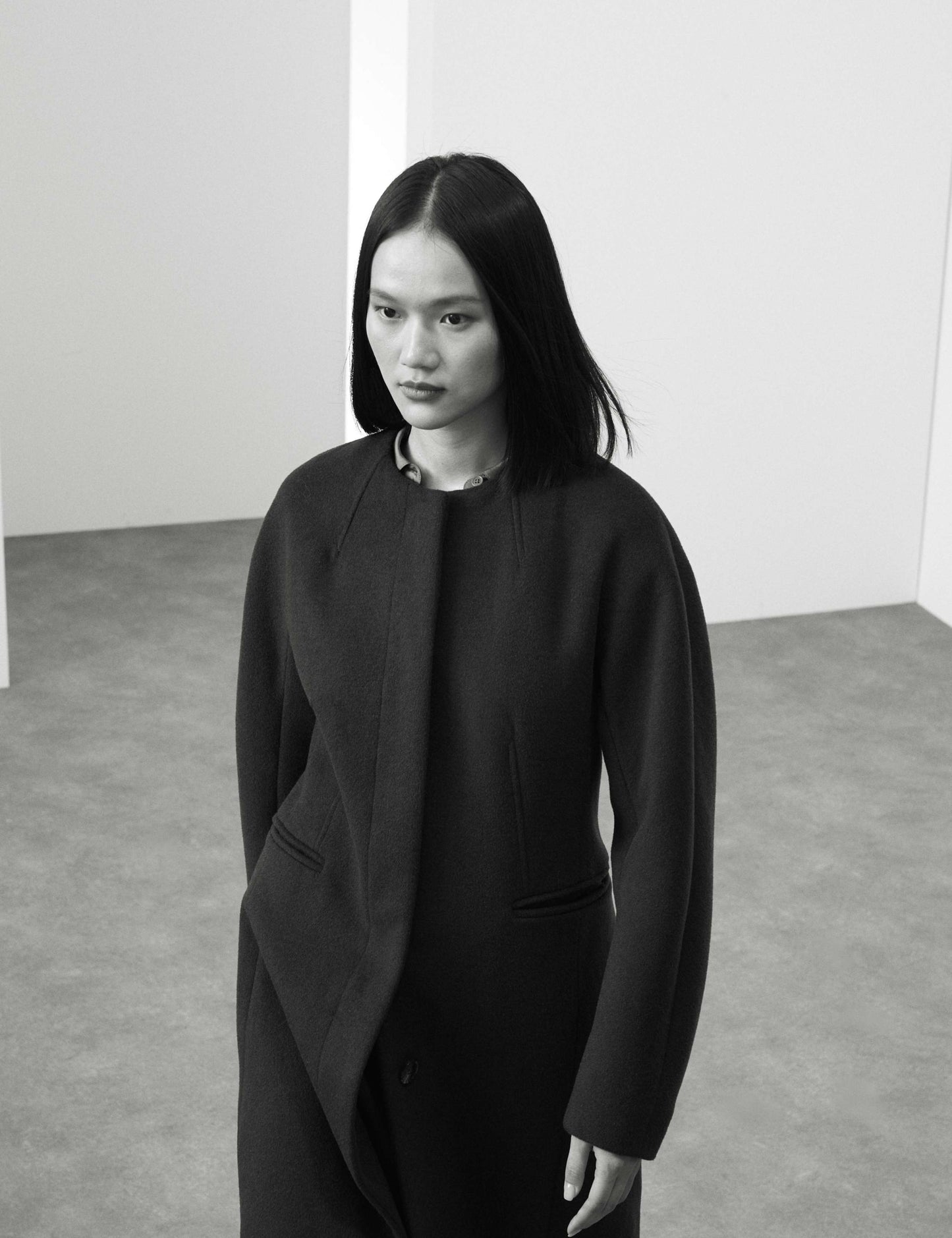 Wool Blend Collarless Longline Coat